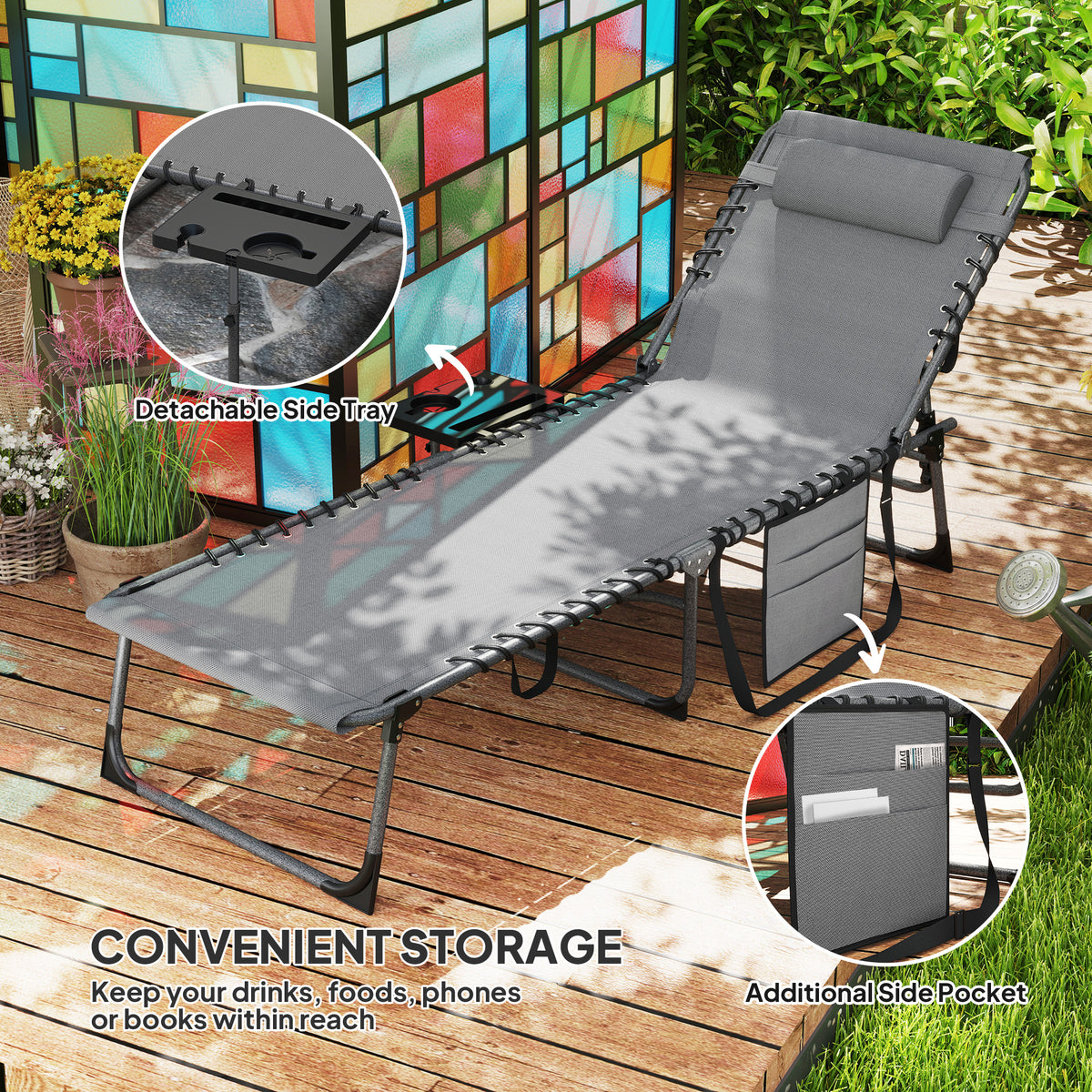 Folding Outdoor Chaise Lounge Chair Tanning Chair with 5-Level Adjustable Back, Side Table, Pillow, Pocket, Gray