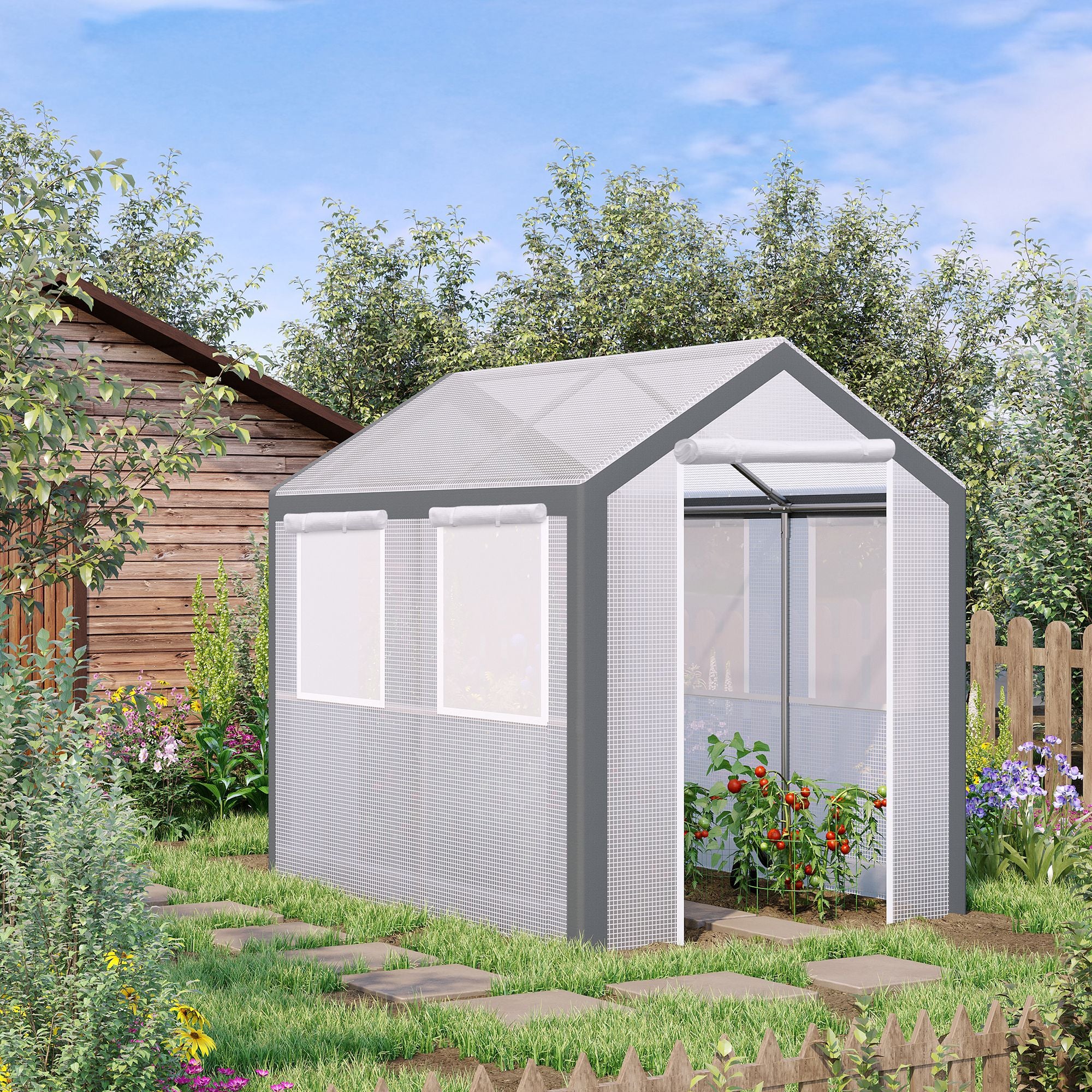 8' L x 6' W x 7' H Outdoor Walk-In Tunnel Greenhouse with Roll-up Windows, 2 Zippered Doors, & Weather Cover - White - Image 2