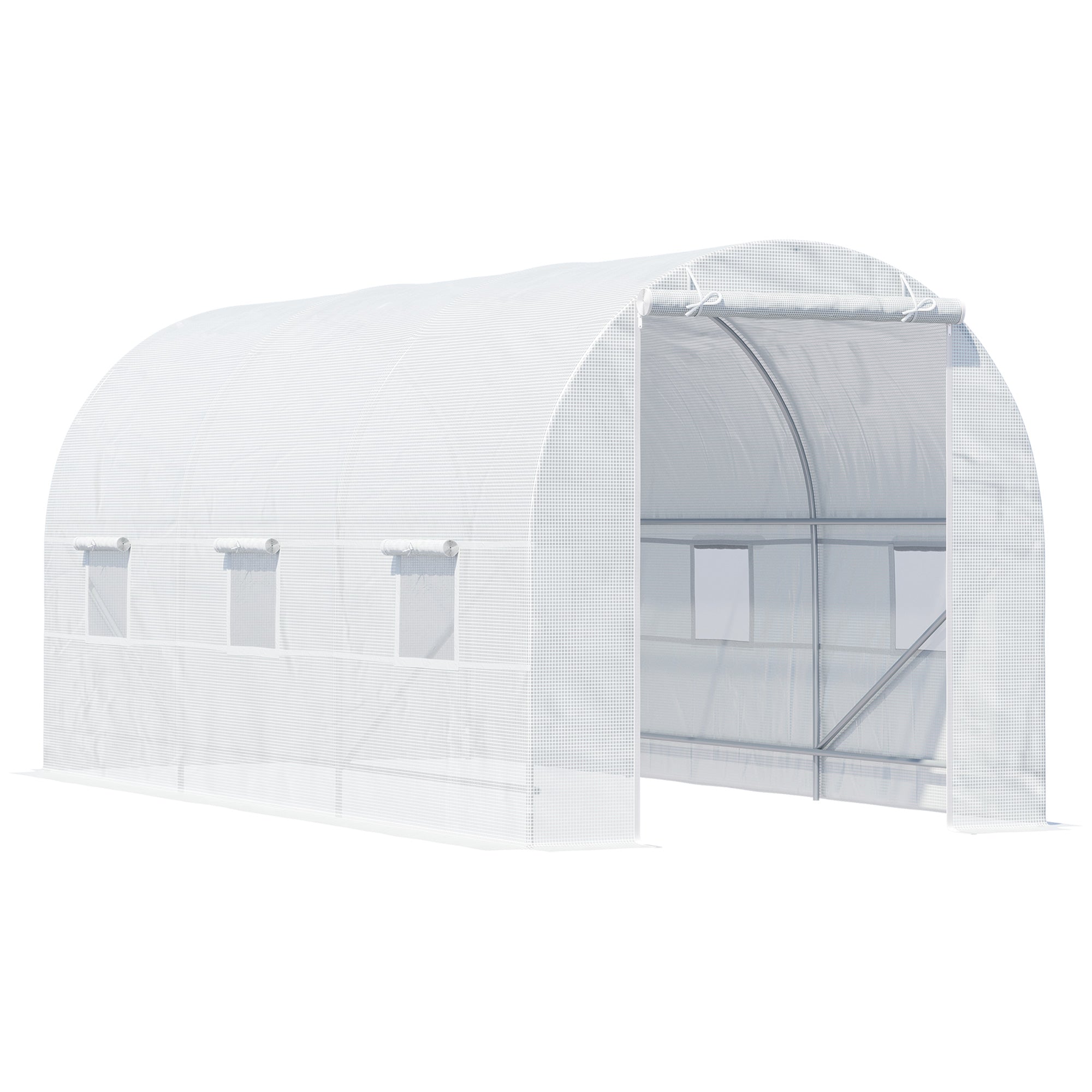 15' x 7' x 7' Walk-In Tunnel Greenhouse, Large Garden Hot House Kit with 6 Roll-up Windows & Roll Up Door, Steel Frame, White - White