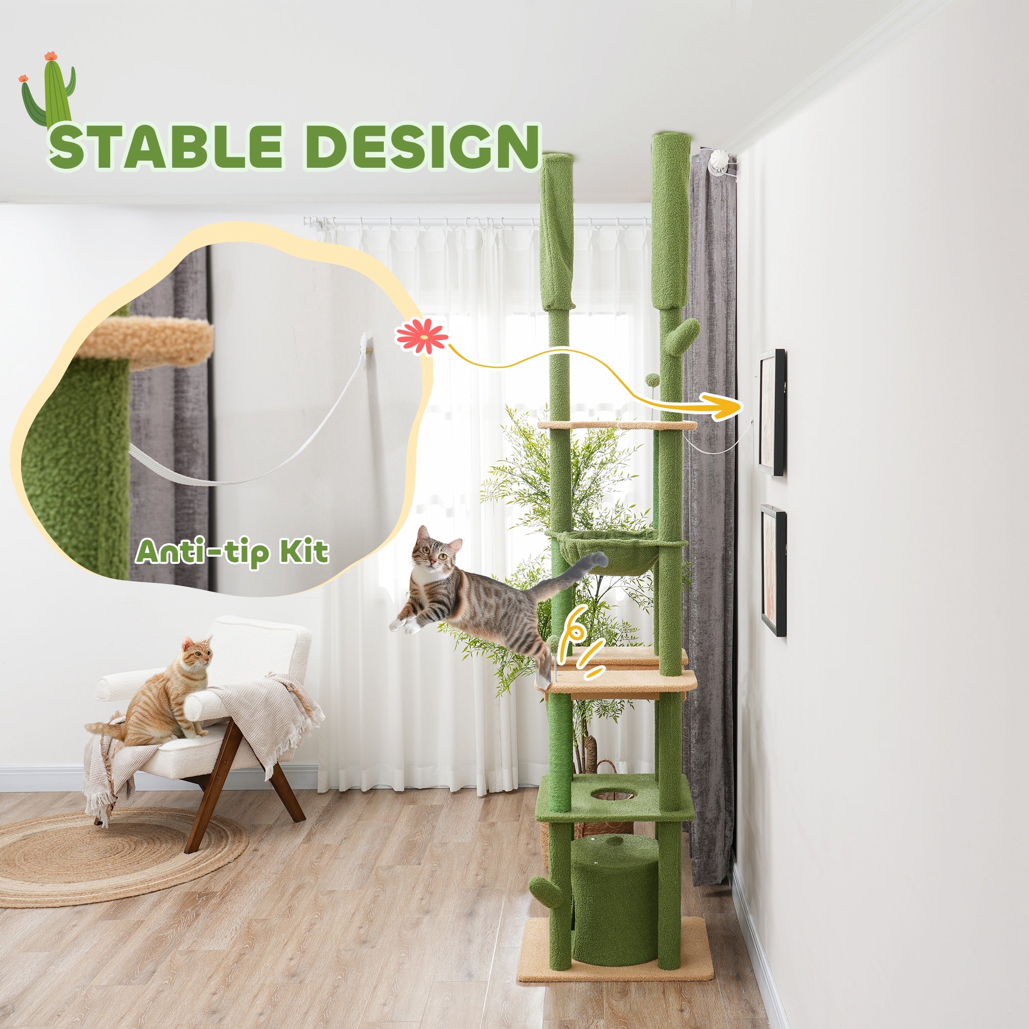 89"-100" Floor to Ceiling Cat Tree, Cat Climbing Tower with Grooming Brush Post, Cat Condo, Hammock, Green - Green - Image 7