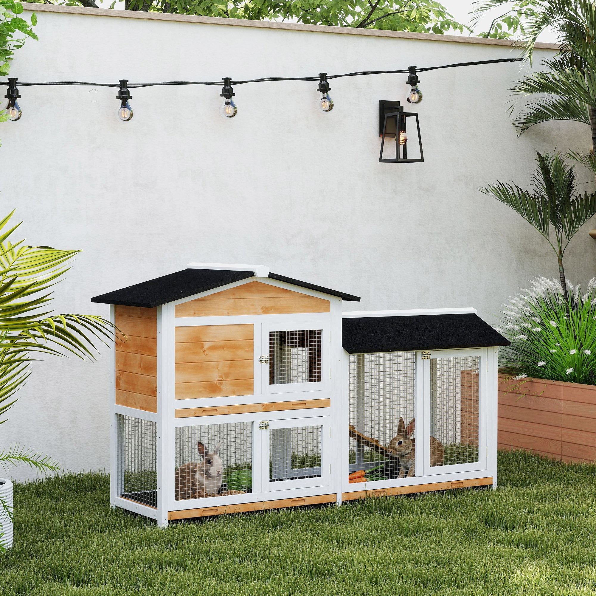62" Rabbit Hutch, Wooden Bunny Hutch, Guinea Pig Cage, Small Animal Enclosure with Run Area, Removable Tray, Asphalt Roof, Lockable Doors and Ramp, for Rabbits, Chickens, Ducks, Nature Wood - Natural Wood - Image 2