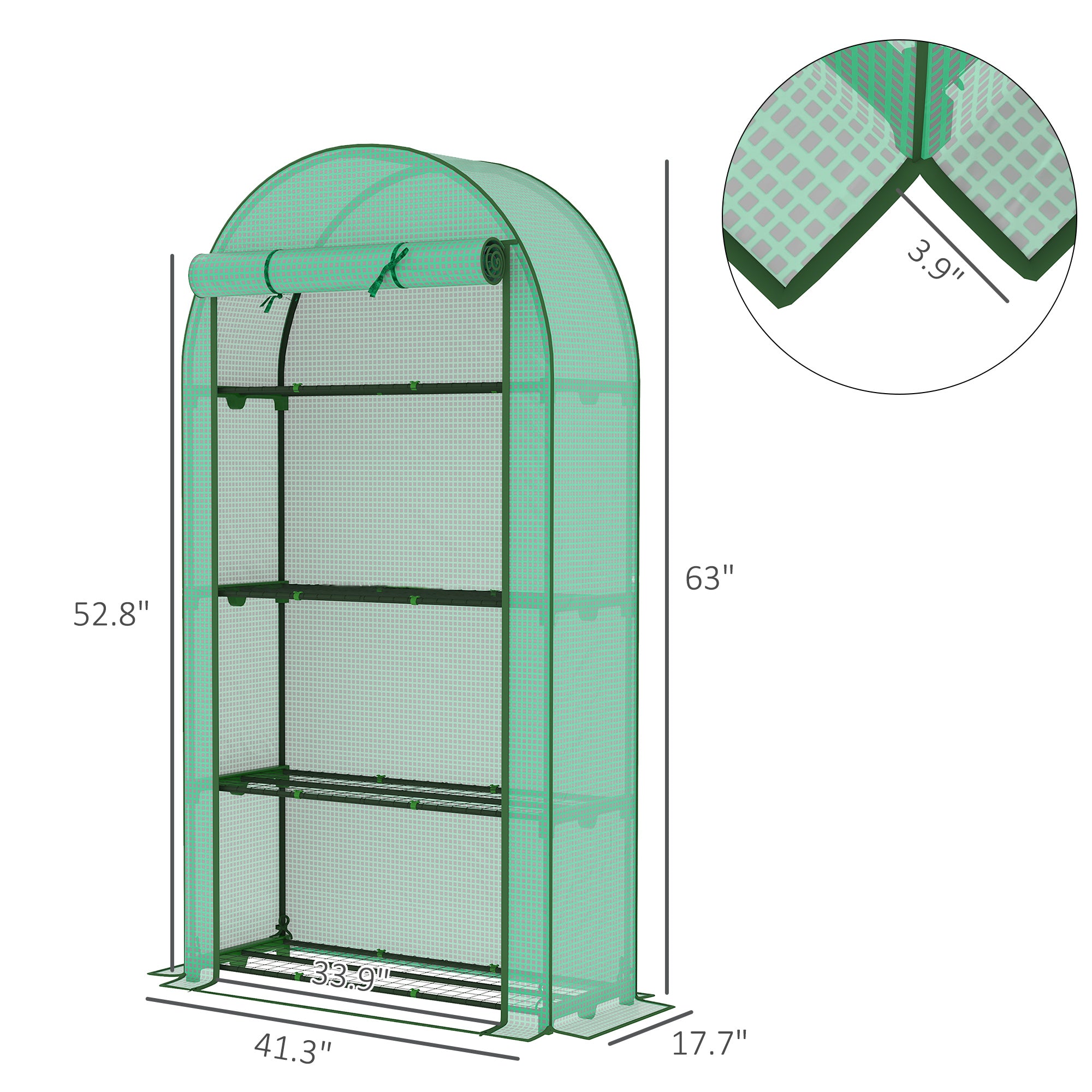 Mini Greenhouse, Portable Greenhouse with 4 Tier Shelves, Roll-Up Door, and Plastic Cover, 41.3" x 17.7" x 63", Green - Green - Image 3
