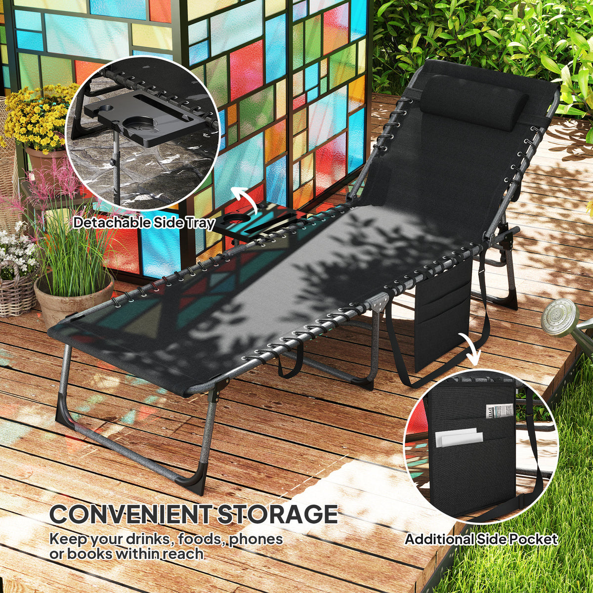 Folding Outdoor Chaise Lounge Chair Tanning Chair with 5-Level Adjustable Back, Side Table, Pillow, Pocket, Black