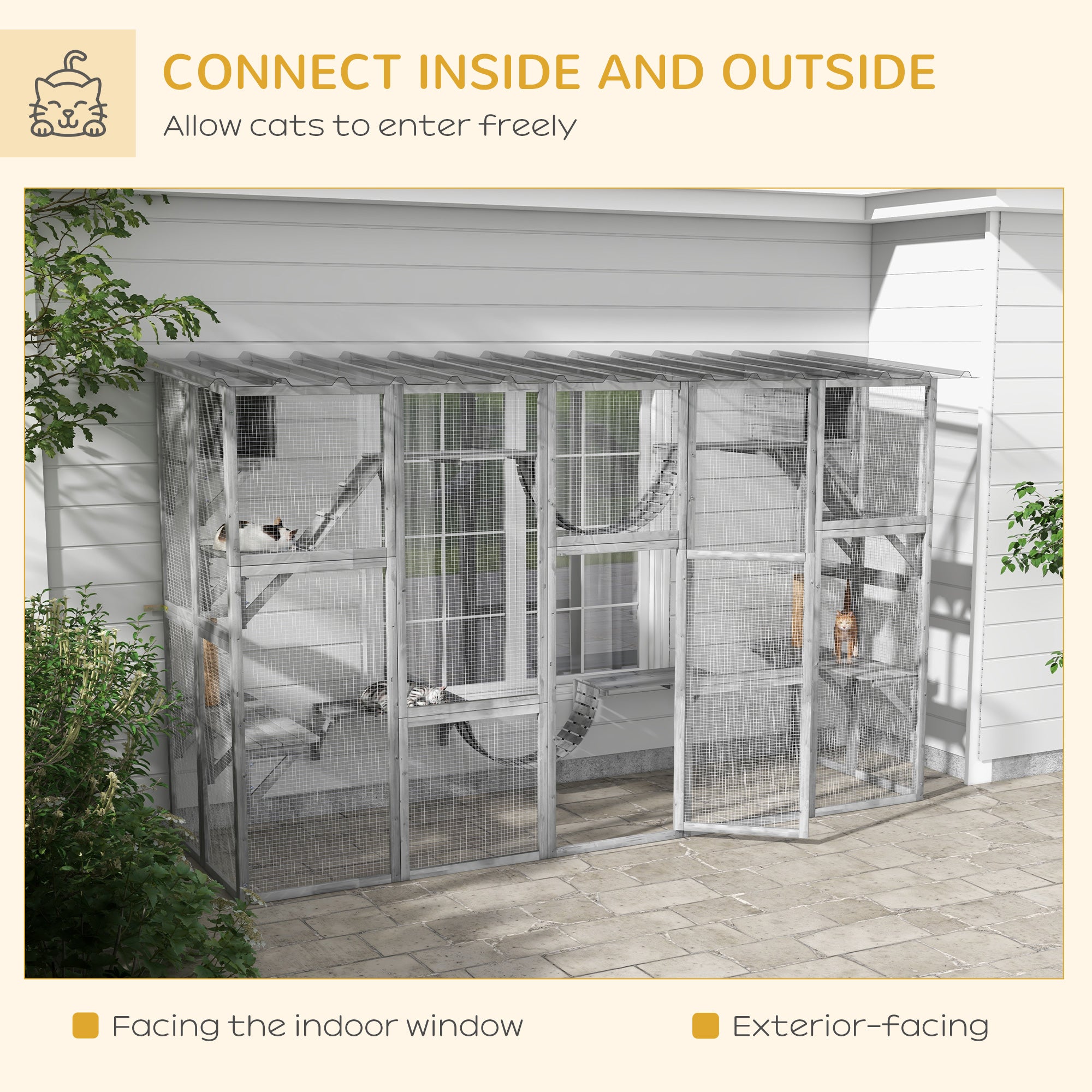 Catio Playground Cat Window Box Outside Enclosure for Multiple Cats w/ Shelves & Bridges, Gray - Gray - Image 4