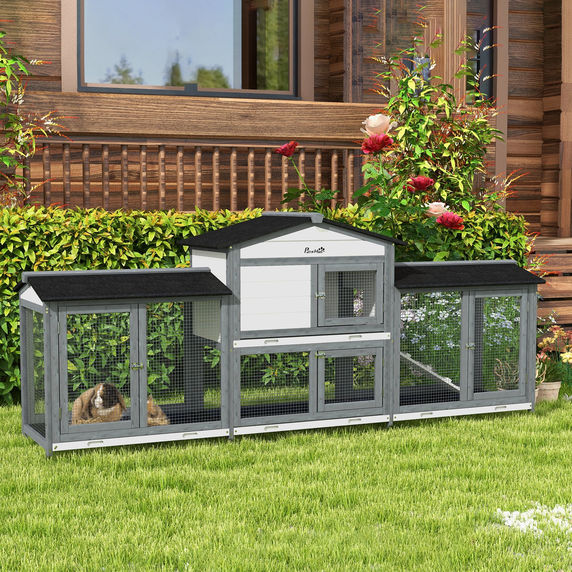 90.5" Wooden Rabbit Hutch Bunny Cage Pet Playpen House Enclosure with Double Side Run Boxes, No Leak Tray, Ramp, for Rabbits, Chickens, Ducks, Guinea Pig and Small Animals, Light Gray - Light Gray - Image 2