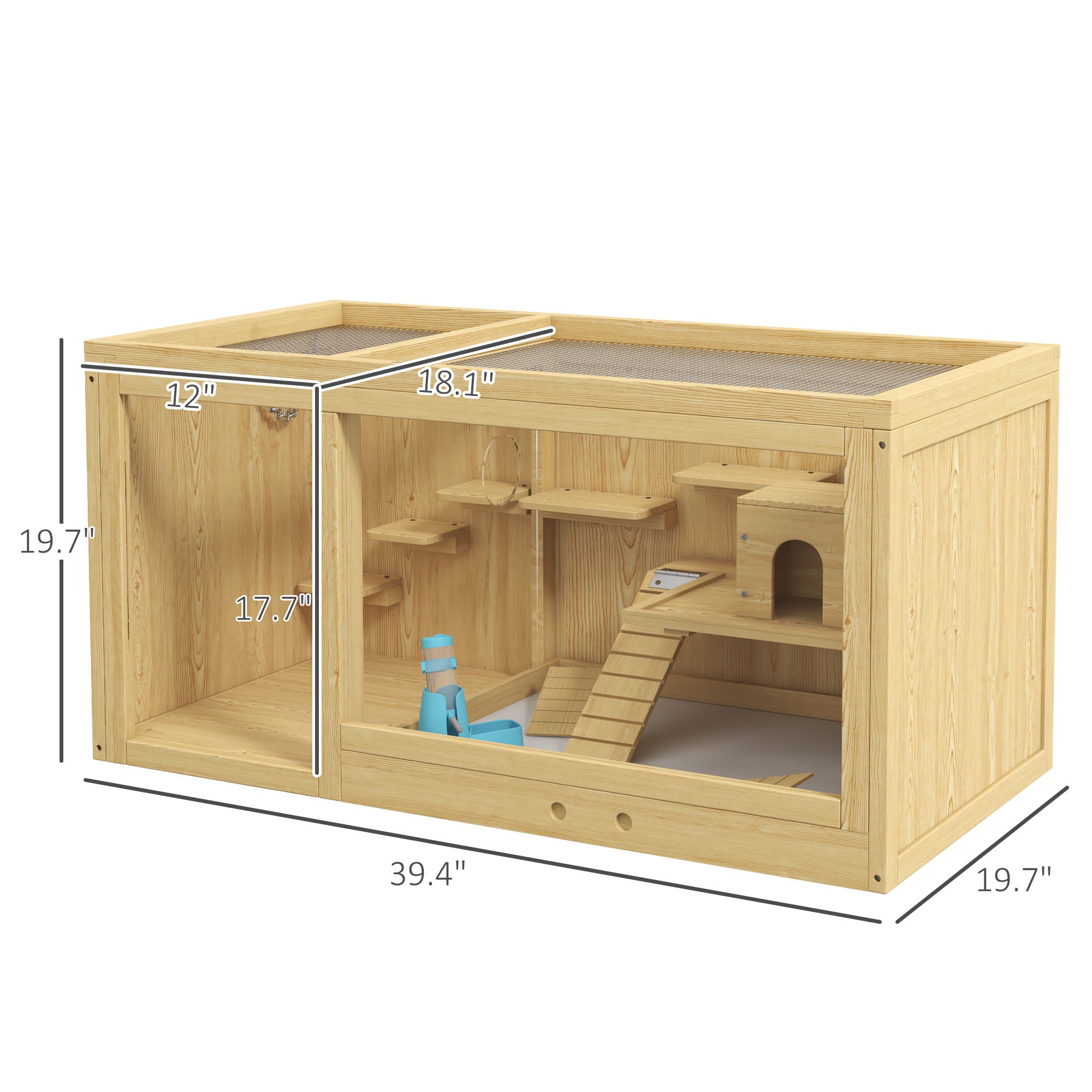 Extra Large Wooden Hamster Cage with Pull-out Tray, Seesaws, Ladder - Natural wood finish - Image 3