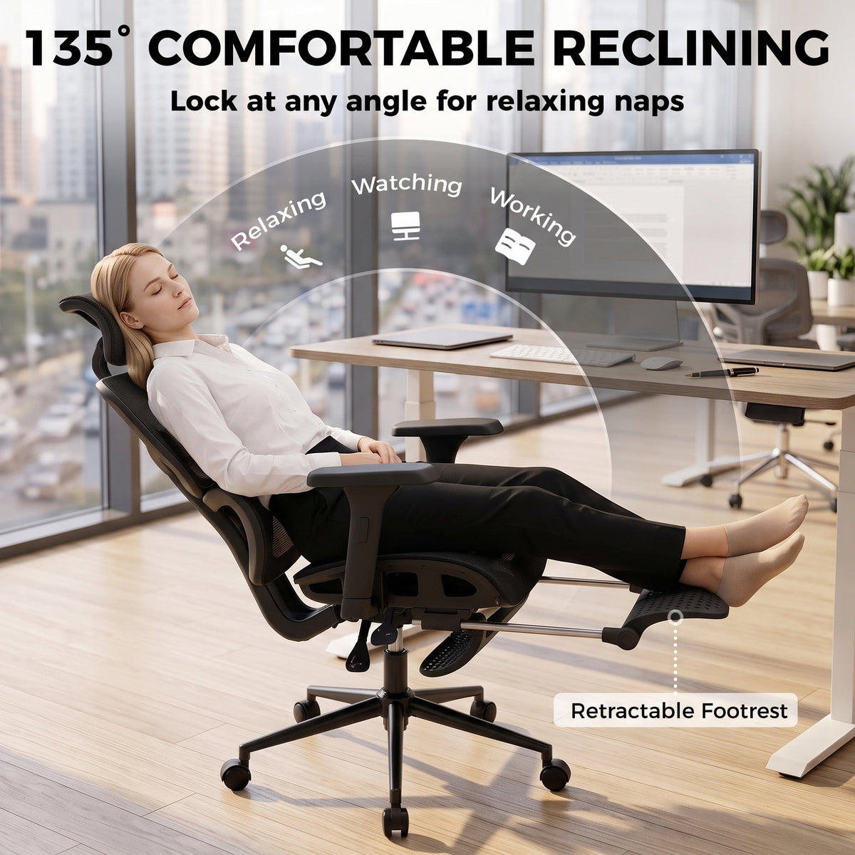 Ergonomic Office Chair with Lumbar Support, 2D Headrest, Mesh Reclining Desk Chair with Footrest, Swivel Wheels, Black