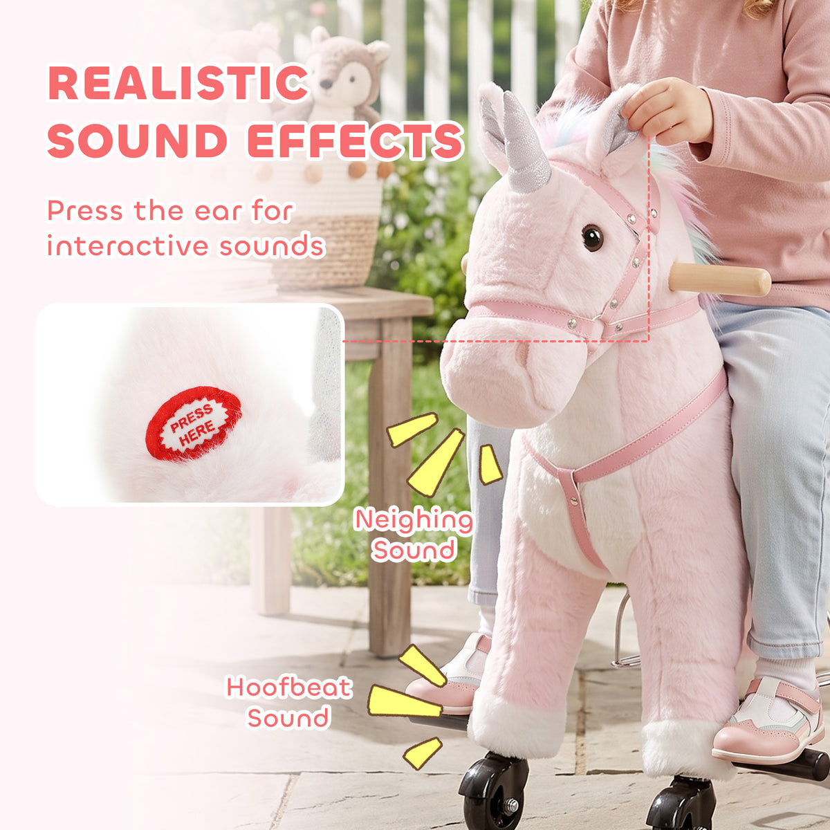 Ride on Horse for Kids 2-5 Years, 22 Inch Height Plush Ride On Pony with Wheels and Sounds for Active Play, Pink