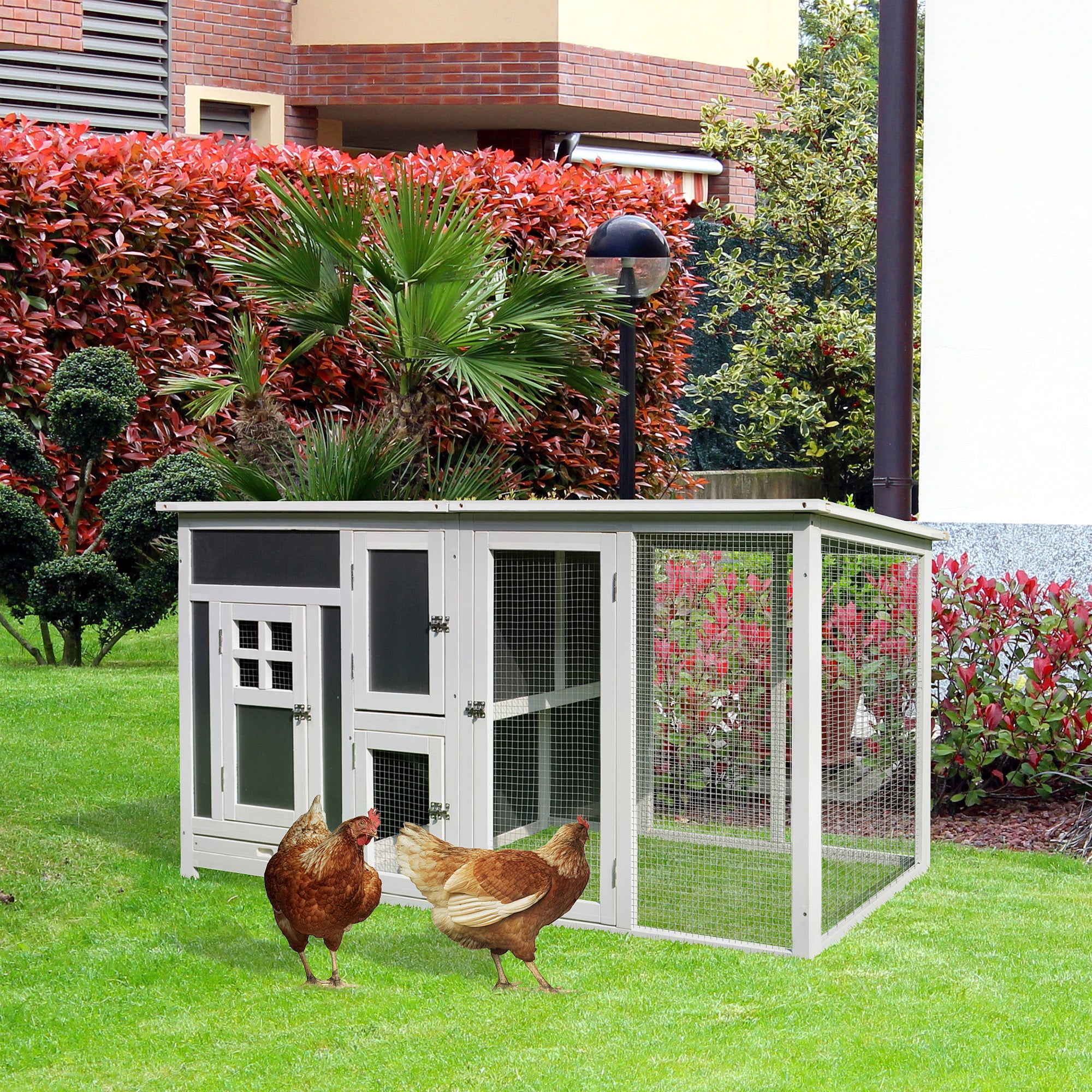 63" Chicken Coop Wooden Chicken House Rabbit Hutch Poultry Cage Hen Pen Backyard PC Roof with Run Box - Grey and White - Image 2