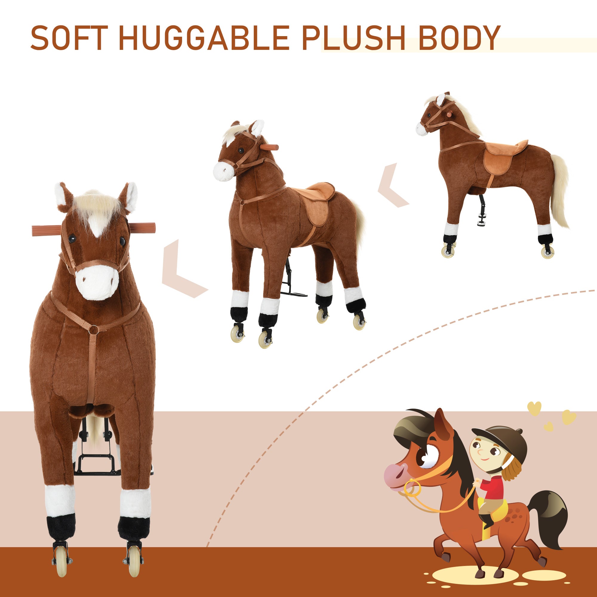 Kids Ride-on Walking Horse with Easy Rolling Wheels, Soft Huggable Body, & a Large Size for Kids 5-16 Years