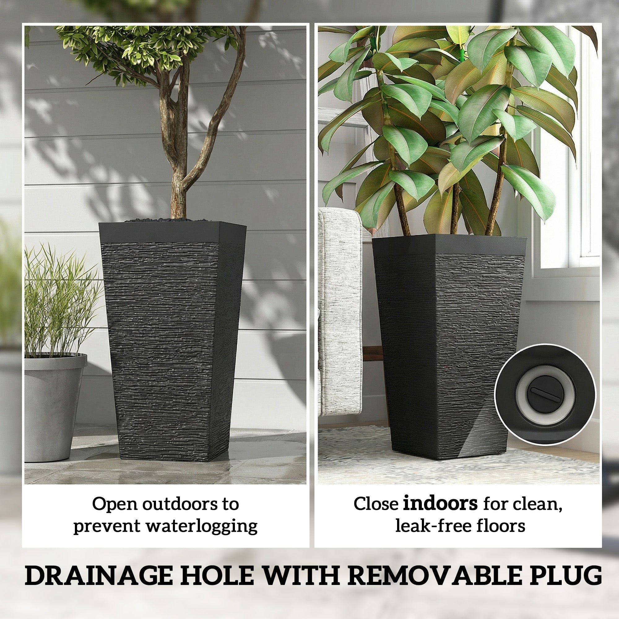 22.8 Inch Set of 3 Outdoor Planters with Stone Finish and Wheels, Stackable Tapered Planters with Drainage Hole, Black - Black - Image 8