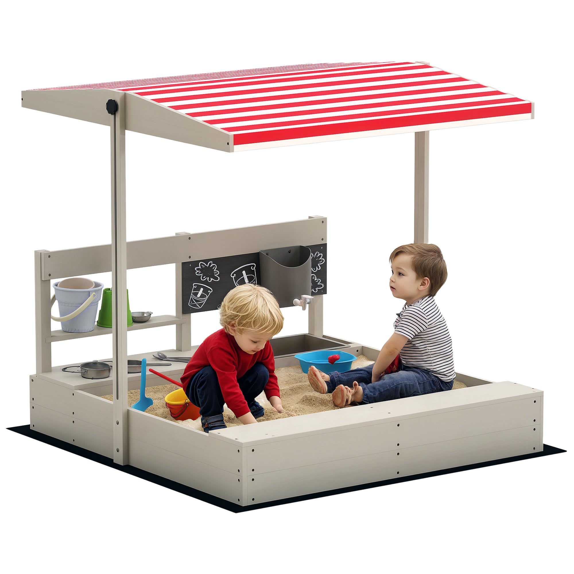 Kids Sandbox with Height Adjustable Canopy, Wooden Sandbox Backyard Toy with Kitchen Playset Accessories, Outdoor Activity Gift for Girls and Boys, Ages 3-7