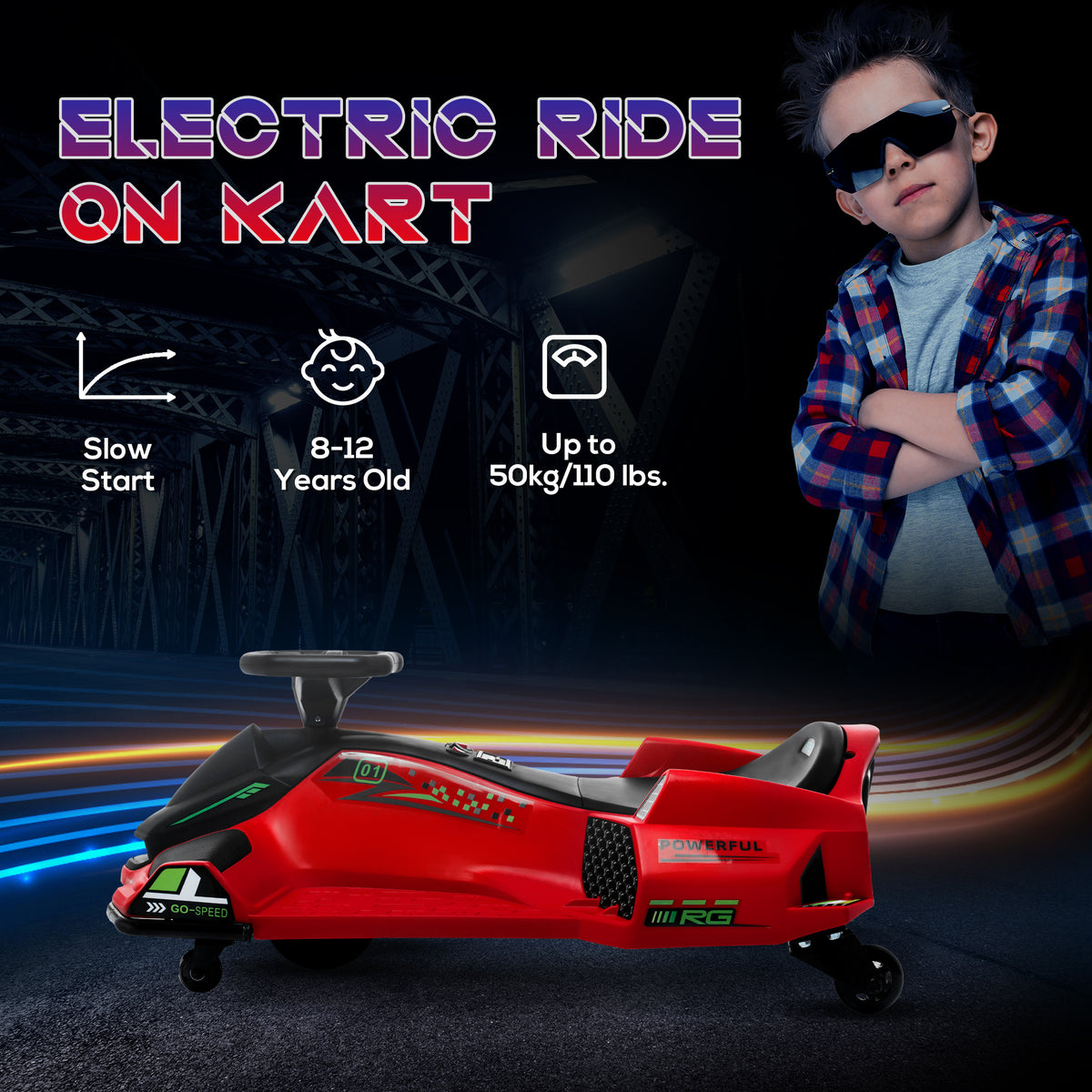 12V Electric Drifting Go Kart w/ Slow Start, Music, Lights, Red