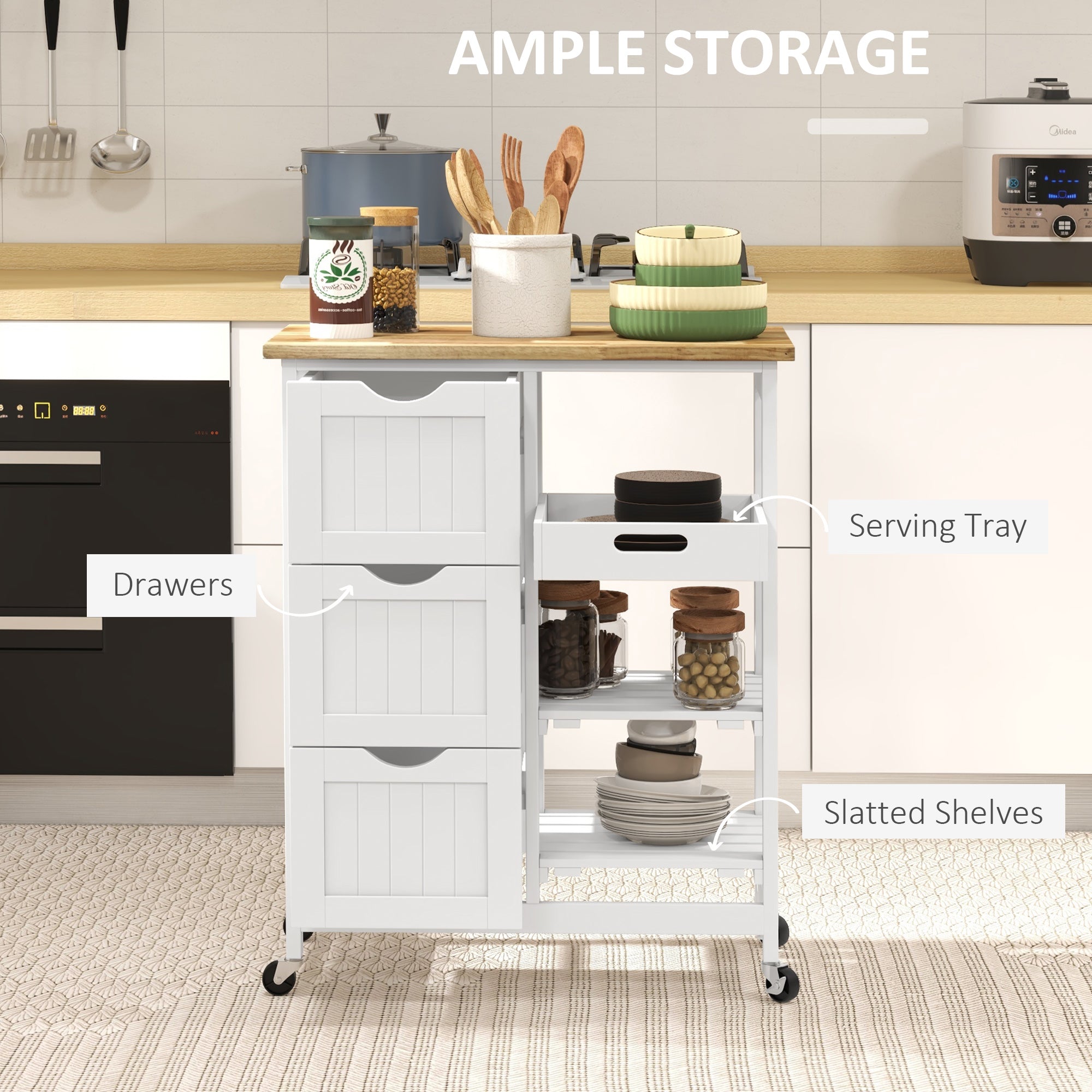 Rolling Kitchen Cart, Kitchen Island with Wood Top, Shelves & Drawers for Dining Area, White