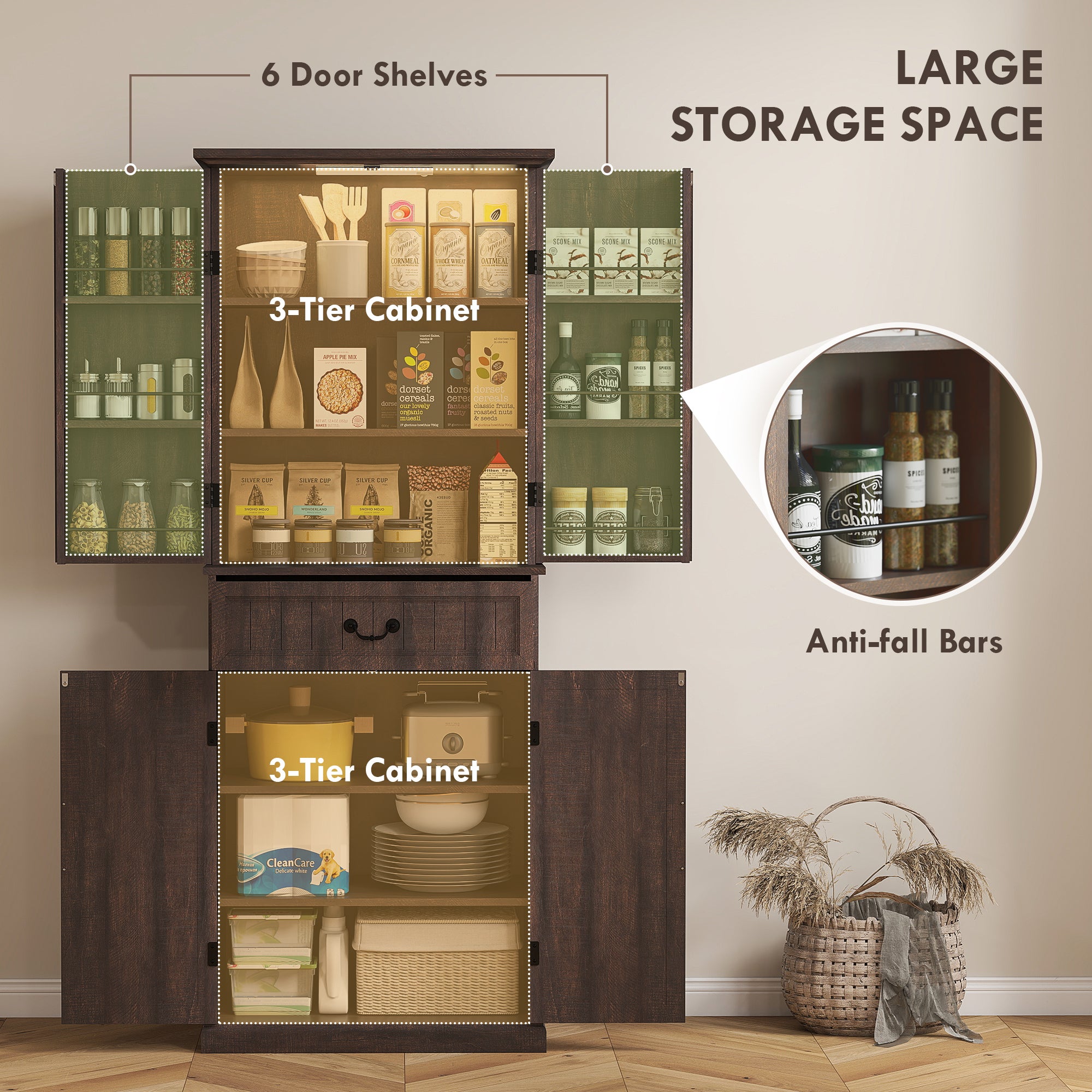 71" LED Kitchen Pantry Cabinet, Farmhouse Storage Cabinet with Door Shelves, Distressed Brown
