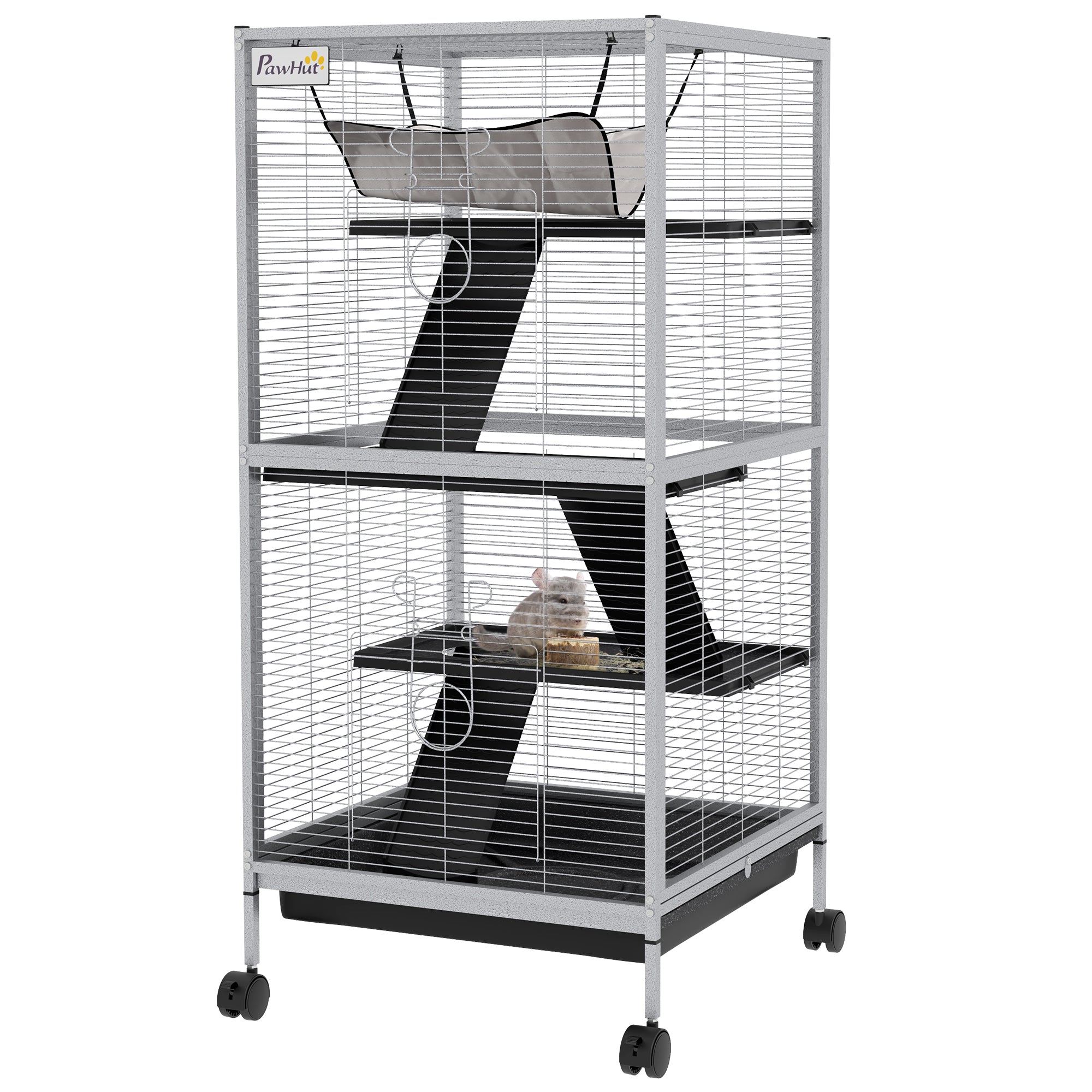 45" H Rolling Small Animal Cage with Hammock, Ferret Cage, Chinchilla Cage, Pet Habitat with 6 Doors, Removable Tray - White