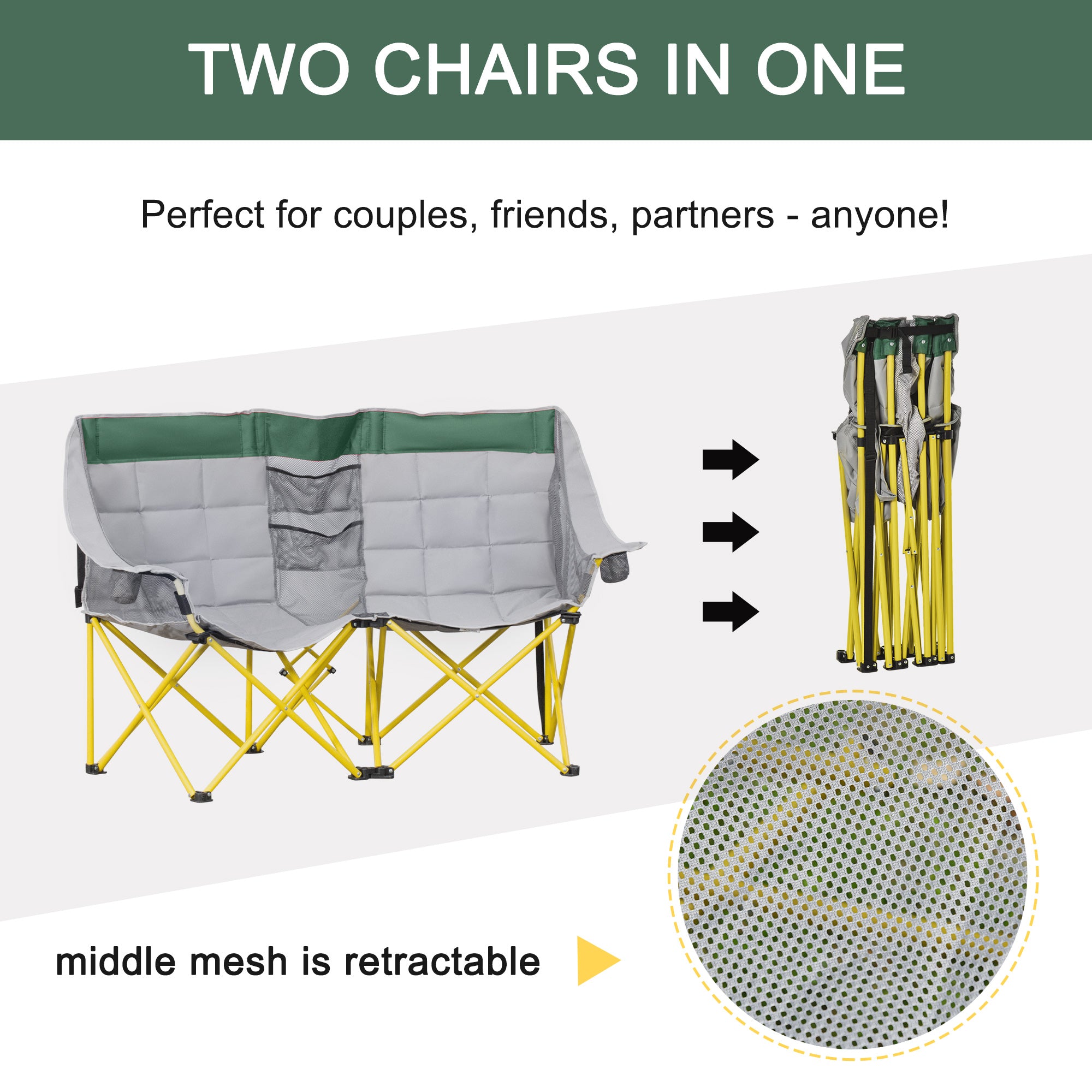 Loveseat Style Camping Chair, Oversized Folding Lawn Chair with Carry Bag & Cup Holders, for Outdoor, Beach, Picnic, Hiking, Travel, Green & Gray