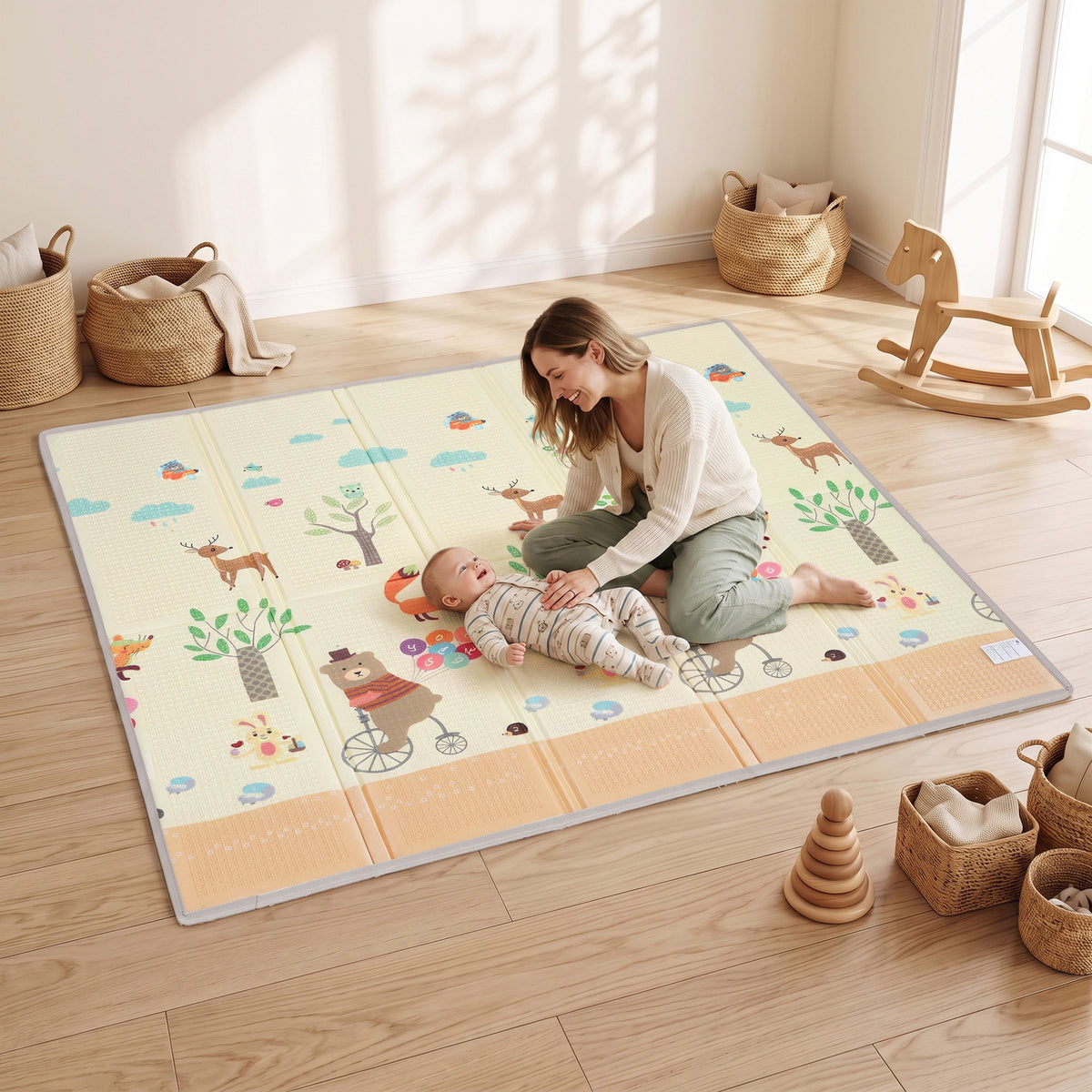 Foldable & Reversible Baby Play Mat, 79" x 71"Thick Play Mat for Floor, Waterproof Non-Slip, Forest Animals