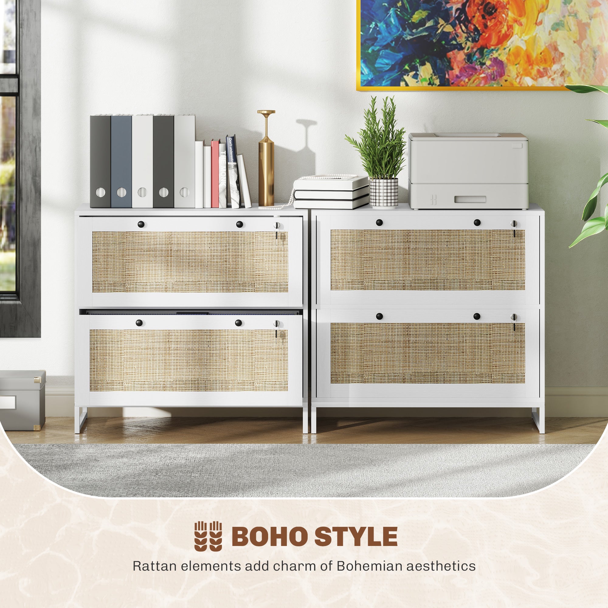 Lockable Filing Cabinet, Boho 2 Drawer File Cabinet with Adjustable Hanging Bar for Letter, A4 and Legal Size, White
