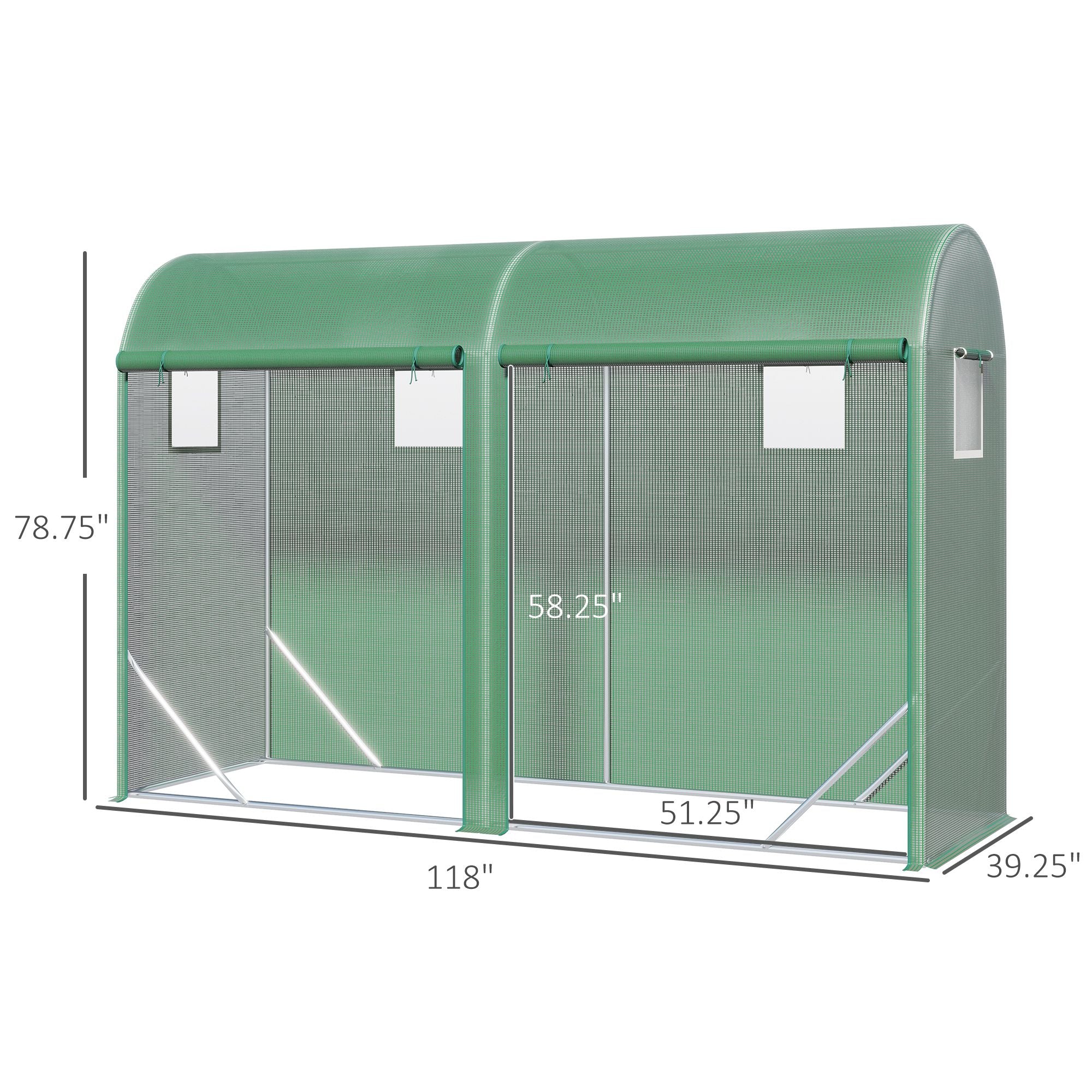 10' x 3' x 7' Walk-in Lean-to Greenhouse, Steel, 4 Zipper Roll-up Windows & 2 Doors, UV Protecting PE Cover for Growing Flowers, Vegetables, Tropical Plants, Saplings, Succulents, Green - Green - Image 3