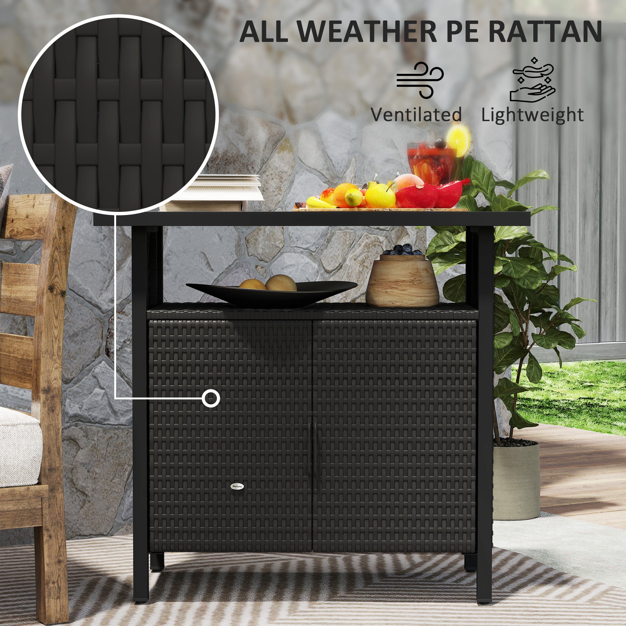Outdoor Pool Towel Storage Cabinet Organizer, Outdoor Bar Table with Shelf and Cabinet, Pool Towel Holder Pool Valet with Weather-Resistant PE Rattan and Steel Frame, Espresso - Espresso - Image 5