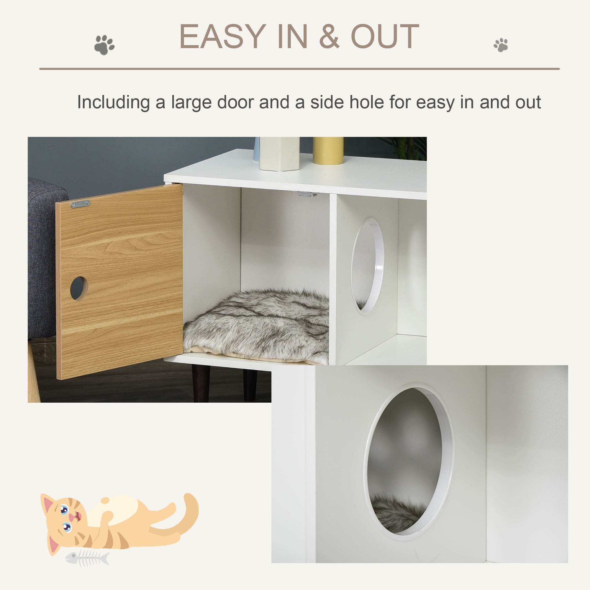 Wooden Cat House with Soft Cushion, Decorative Kitten Condo Side Table, Elevated Pet House with Storage Space - White - Image 6