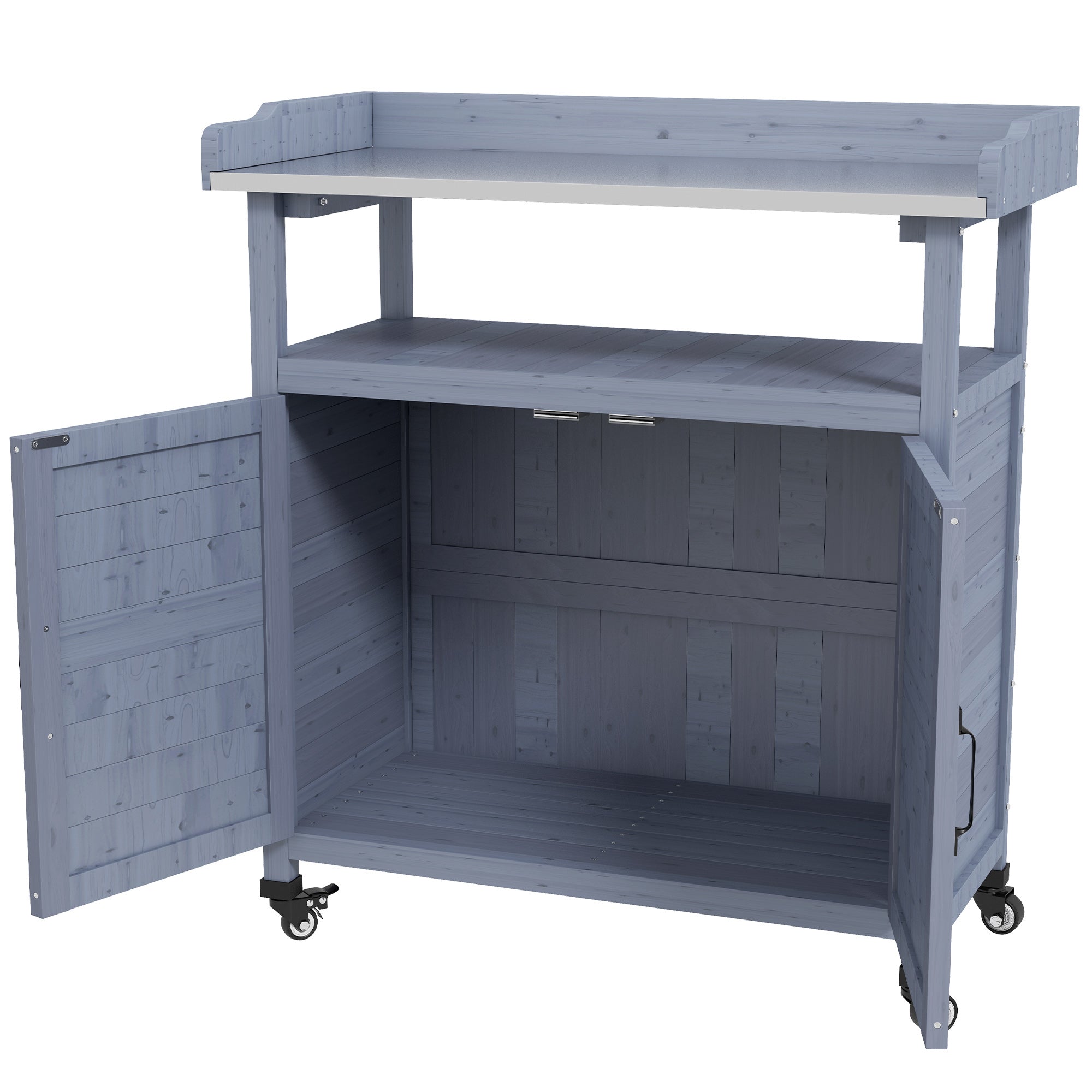 Outdoor Wooden Potting Bench with Storage Cabinet, Aluminum Tabletop, Rubber Wheels for Backyard, Patio, Balcony, Gray - Gray