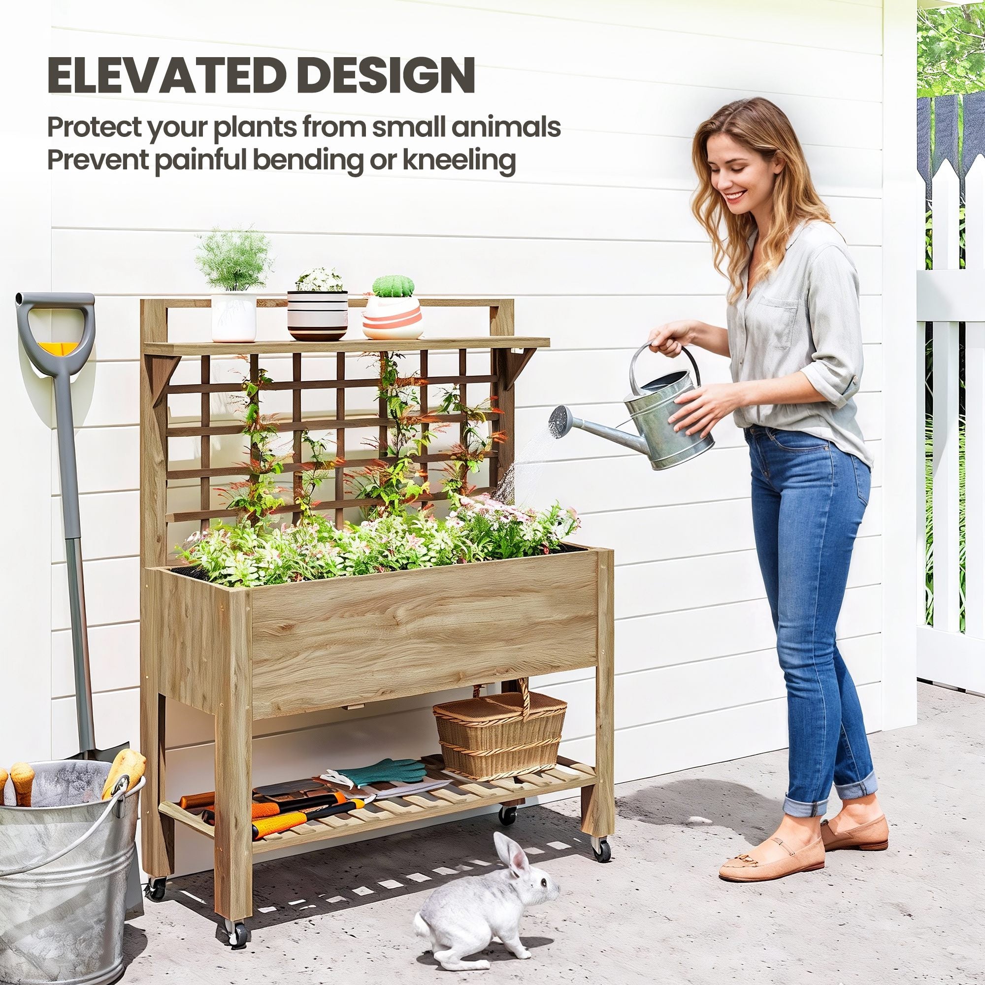 41" Raised Garden Bed Mobile Elevated Wooden Planter Box Stand with Wheels, Trellis and Storage Shelf, Dark Brown - Coffee - Image 6