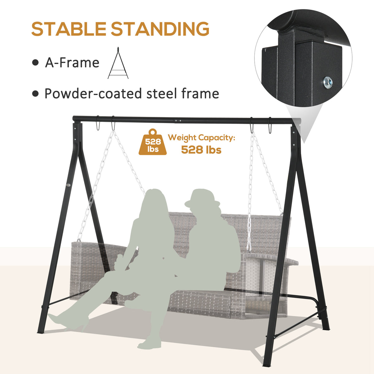 Metal Porch Swing Stand, Heavy Duty Swing Frame, Hanging Chair Stand Only, 528 LBS Weight Capacity, for Backyard, Patio, Lawn, Playground, Black