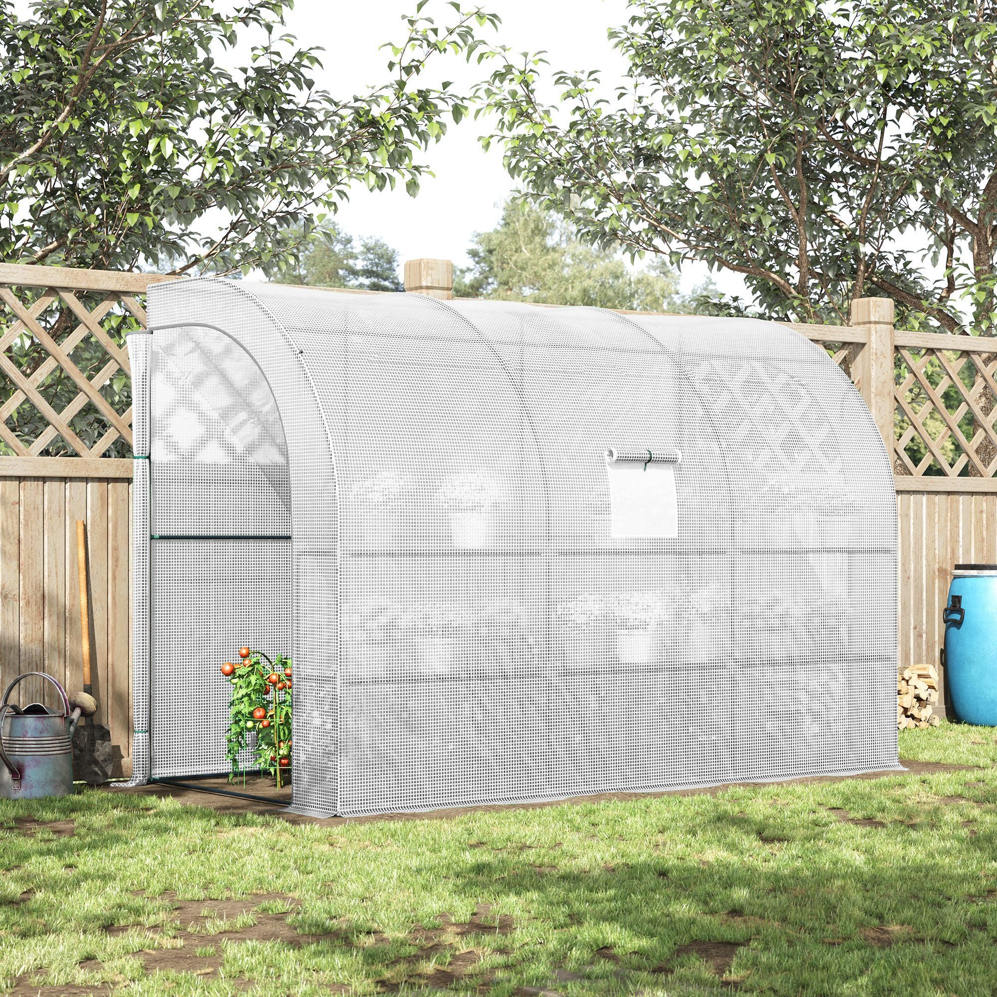 10' x 5' x 7' Outdoor Walk-In Greenhouse, Plant Nursery with Zippered Doors, PE Cover and 3 Wire Shelves, White - White - Image 8