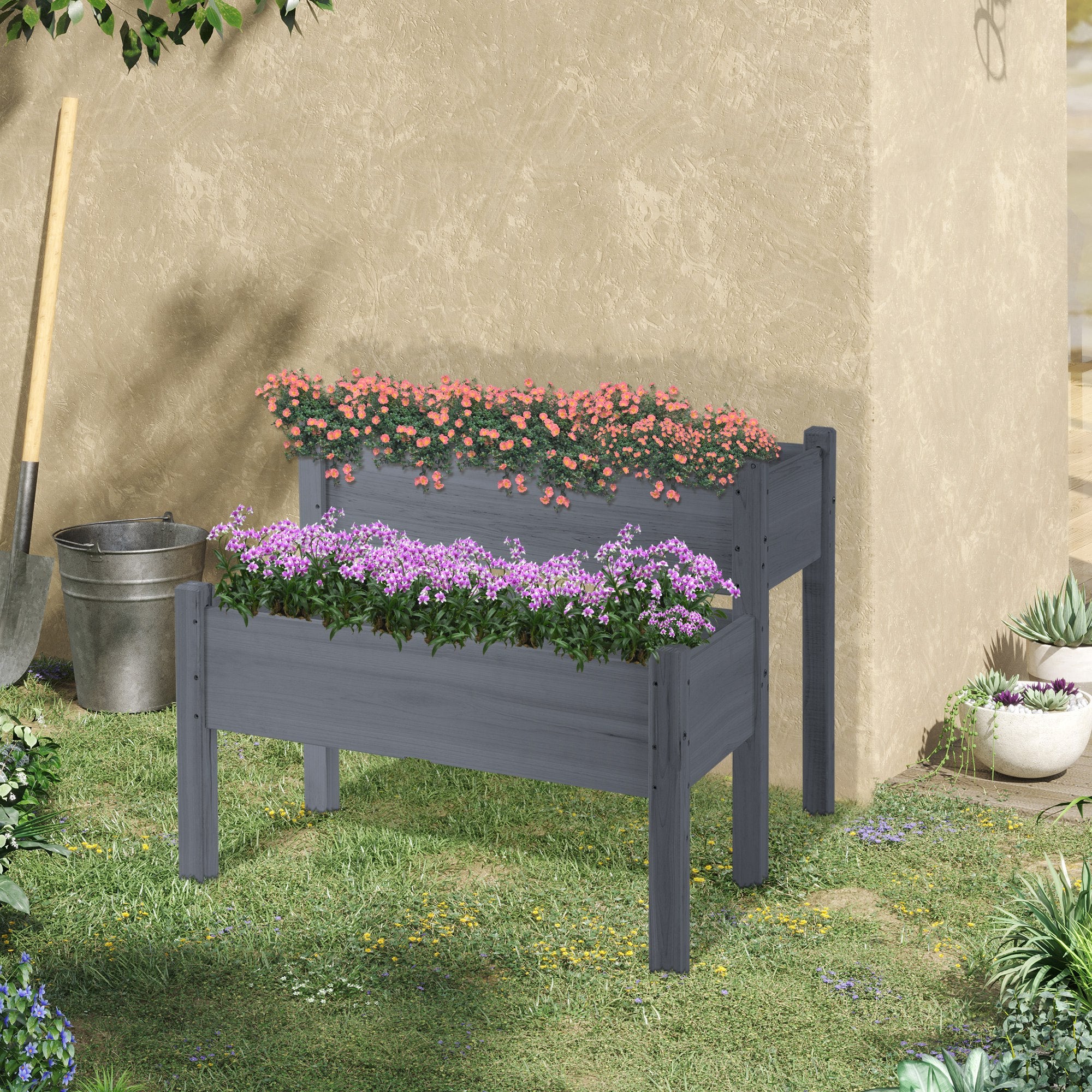 34"x34"x28" Raised Garden Bed 2-Tier Wooden Planter Box for Backyard, Patio to Grow Vegetables, Herbs and Flowers, Gray - Gray - Image 2
