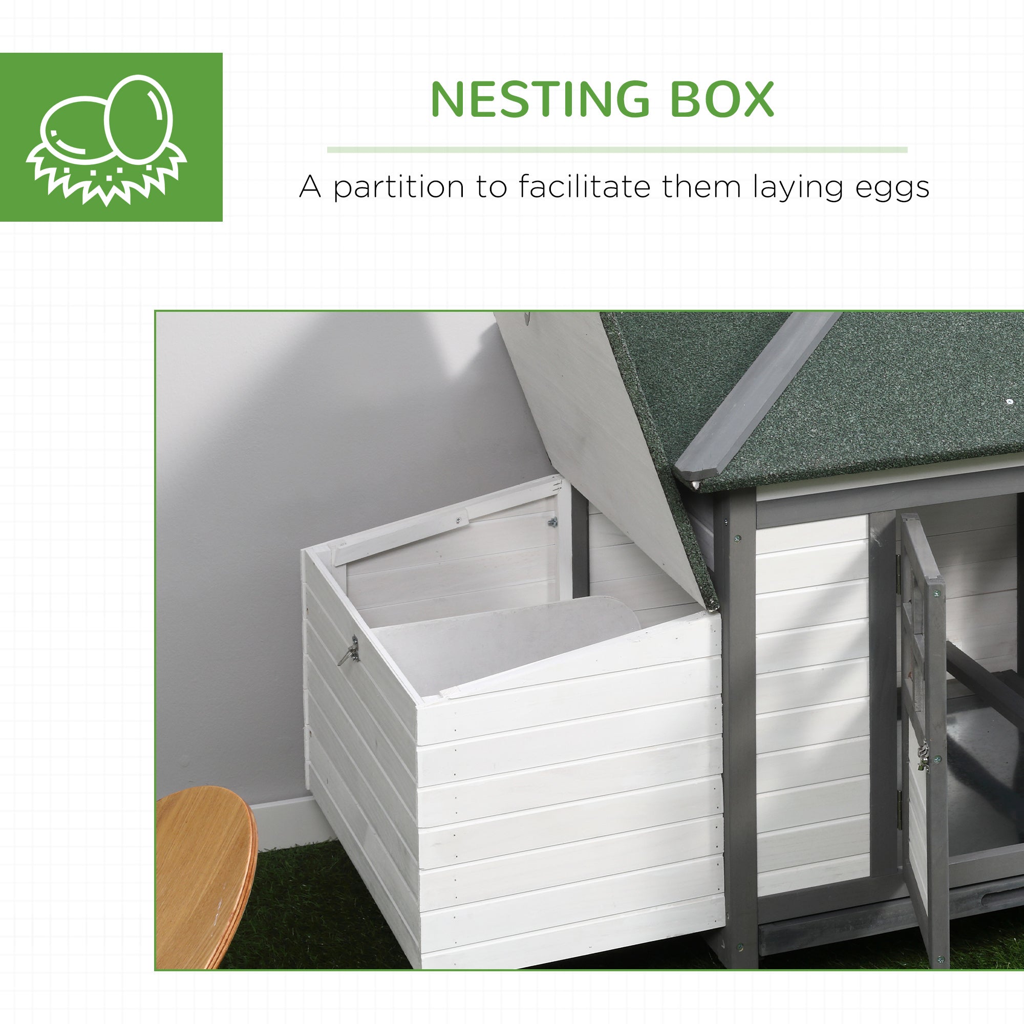 77" Wooden Chicken Coop with Nesting Box, Cute Outdoor Hen House with Removable Tray, Ramp Run, for Garden Backyard, Gray - Grey - Image 6