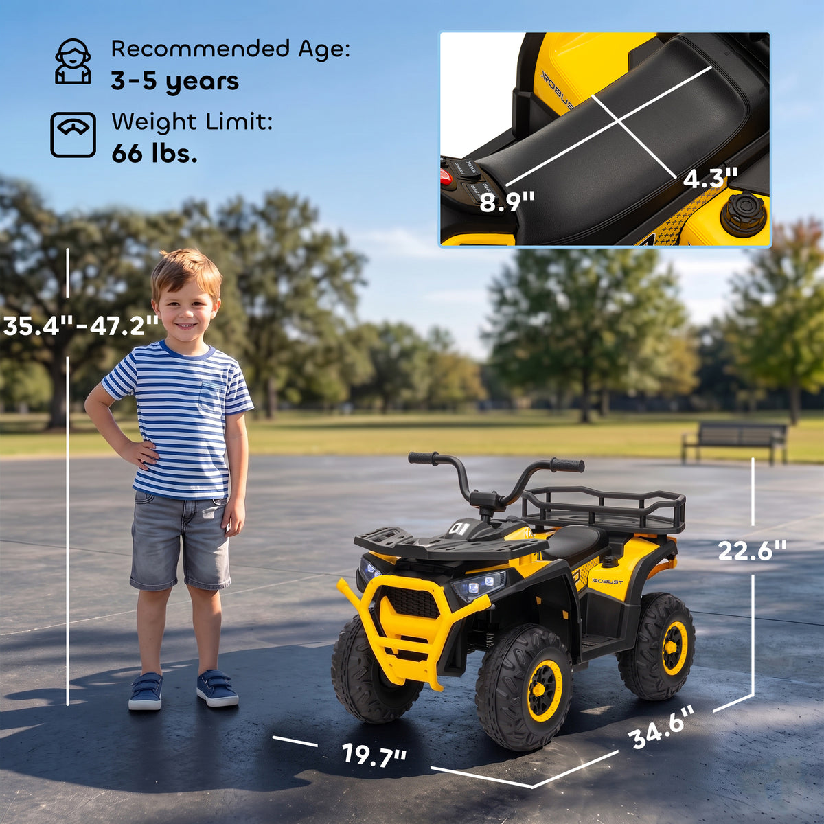 12V Kids ATV, 4 Wheeler Quad with 4 Spring Suspension Wheels, LED Lights, Music USB for 3-5 Years, Yellow