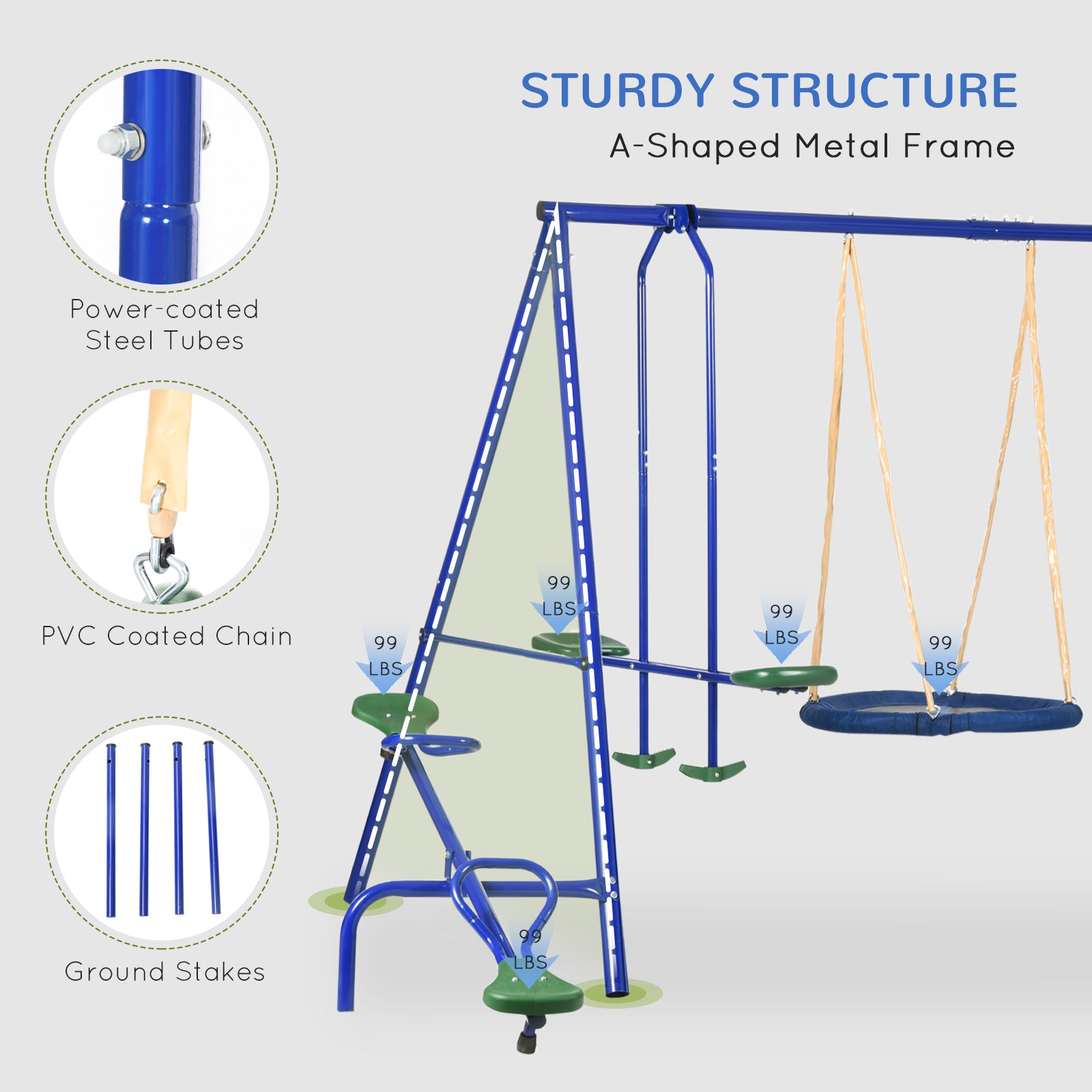 Swing Set for Backyard, 5 in 1 Outdoor Playset for Kids with Heavy-Duty A-Frame Stand, 29.5" Saucer Swing, Slide, Teeter-Totter, Glider, 693 Lbs Load, Blue