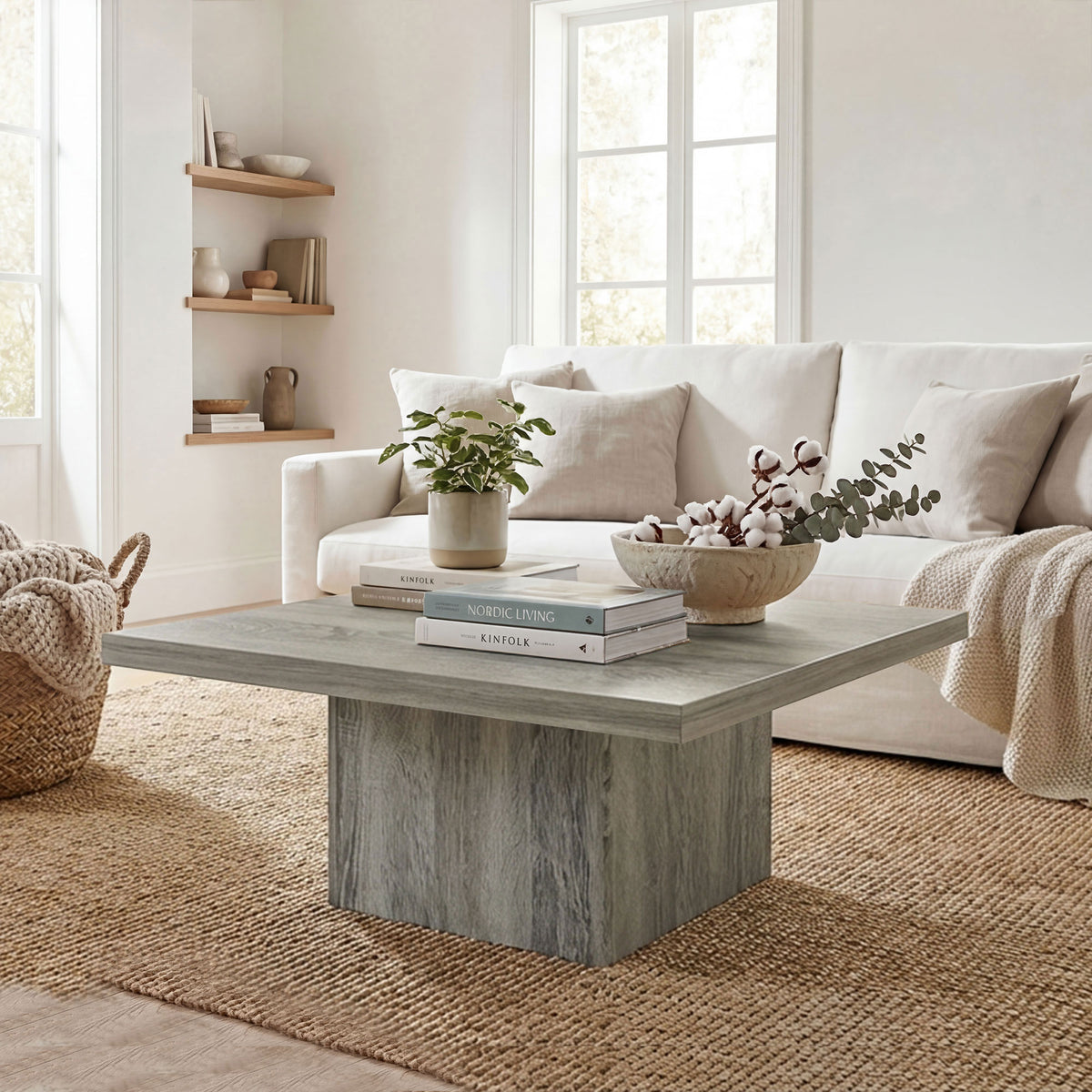 Square Coffee Table, Center Table with 1.6" Thick Tabletop, Gray Wood Grain