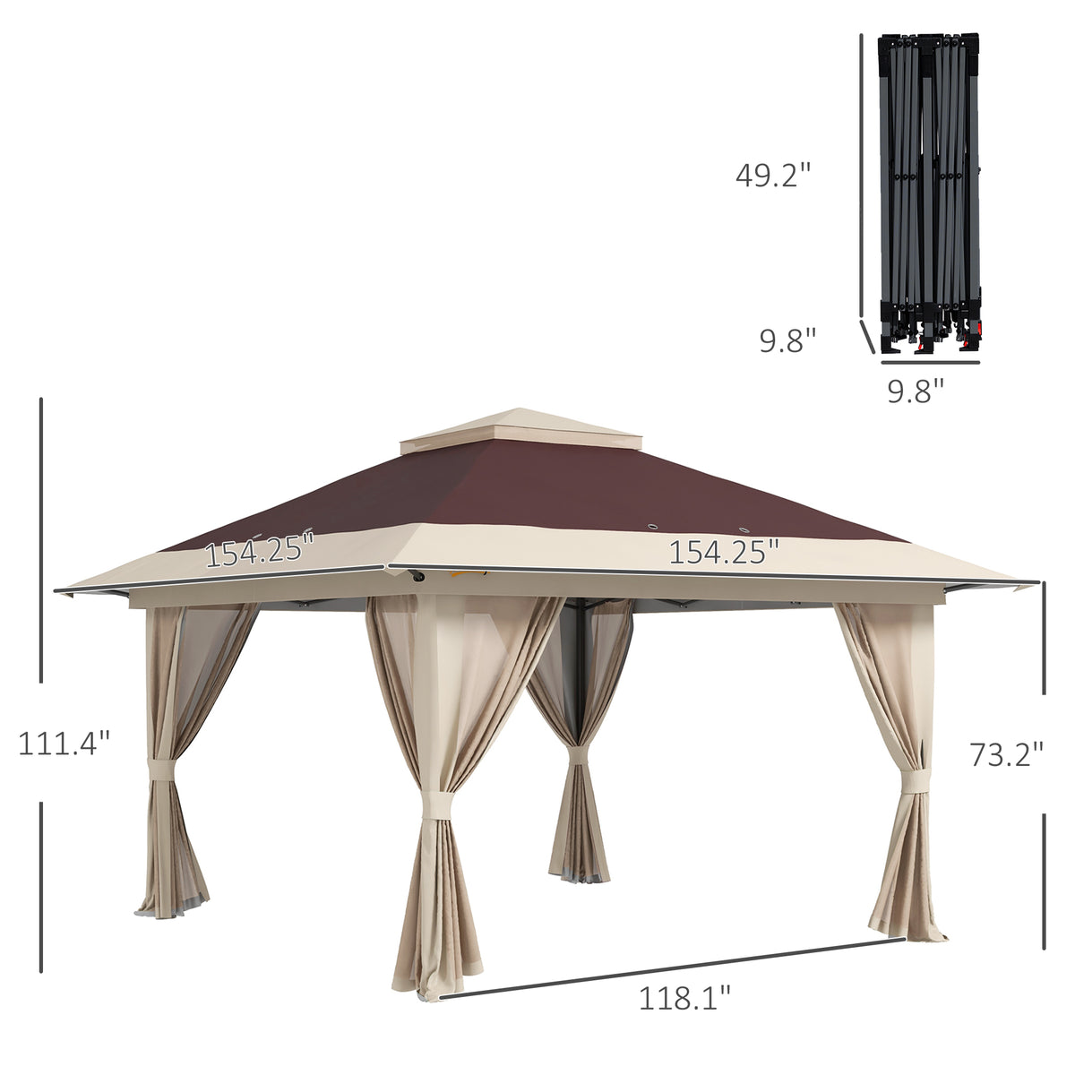 13' x 13' Pop Up Gazebo Instant Canopy Tent Shelter with 2-Tier Roof, Carry Bag, Wight Bags for Outdoor, Garden, Brown