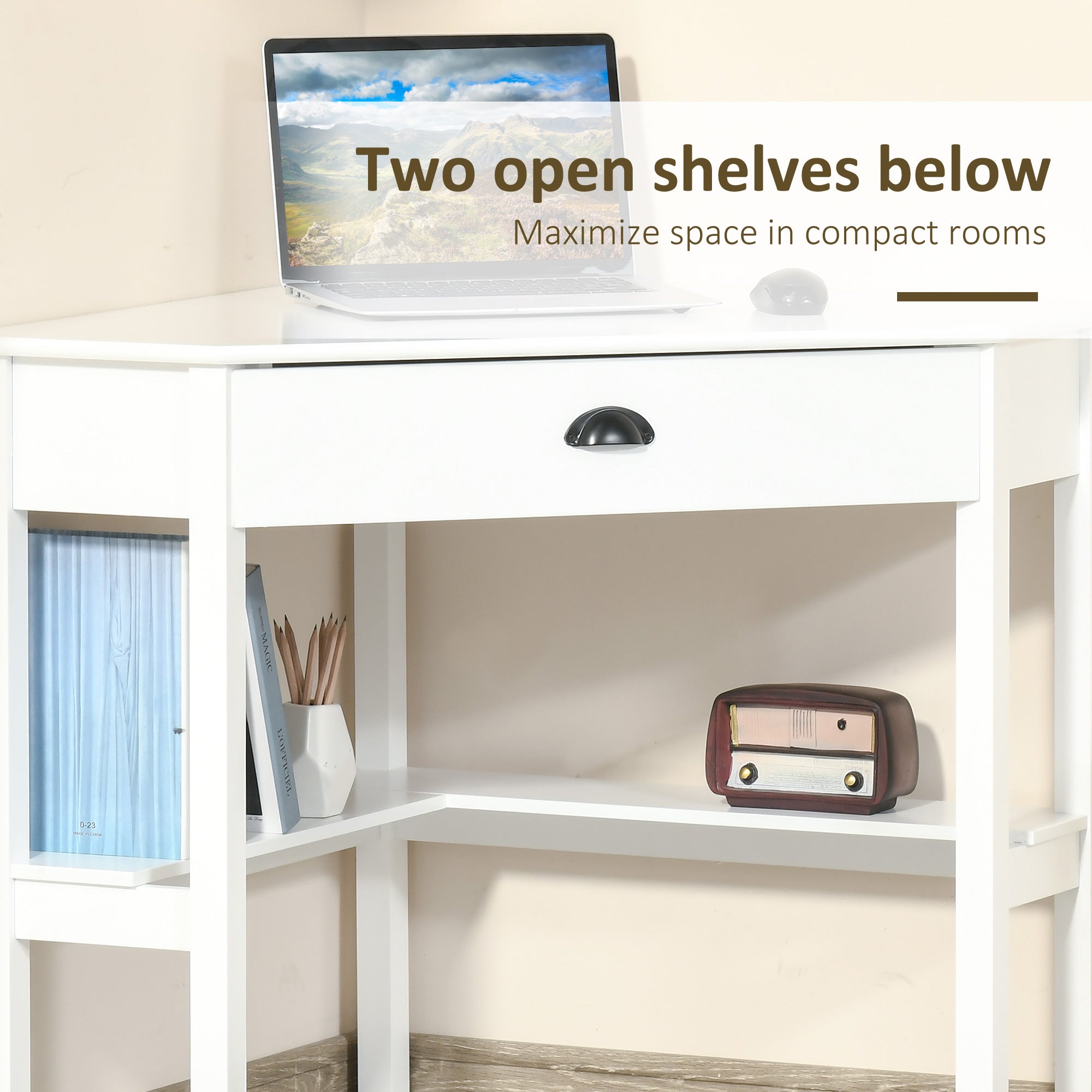 Corner Desk, Triangle Computer Desk with Drawer and Storage Shelves for Small Spaces, Home Office Workstation for Living Room, or Bedroom, White