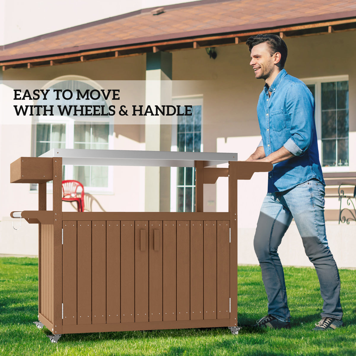 Outdoor Bar Cart with Storage, Stainless Steel Outdoor Bar Table Top, Wheeled HDPE Kitchen Island for Food Prep, Brown