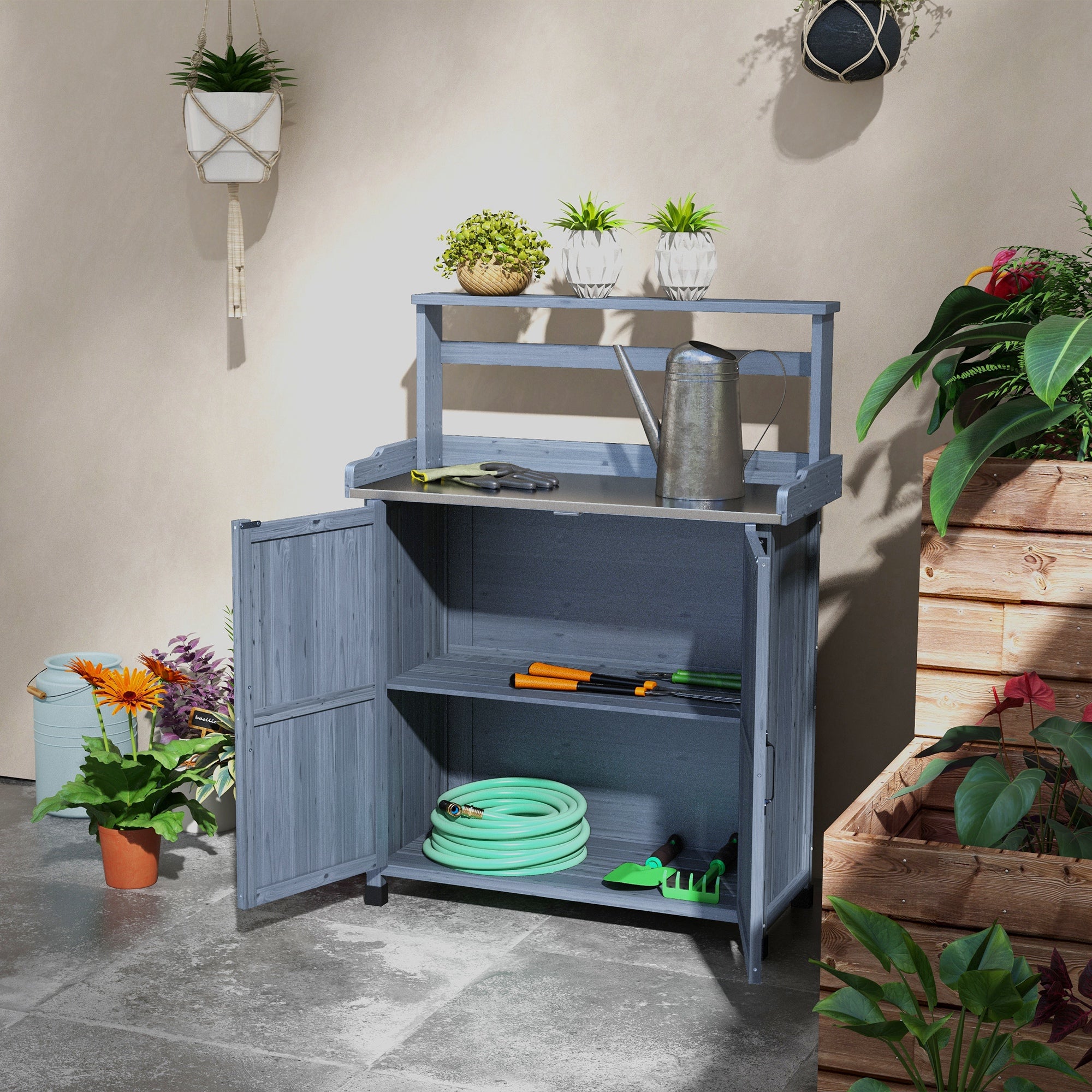 Outdoor Wooden Potting Bench with Storage Cabinet, Shelves, Galvanized Plated Tabletop for Backyard, Balcony, Gray - Gray - Image 7
