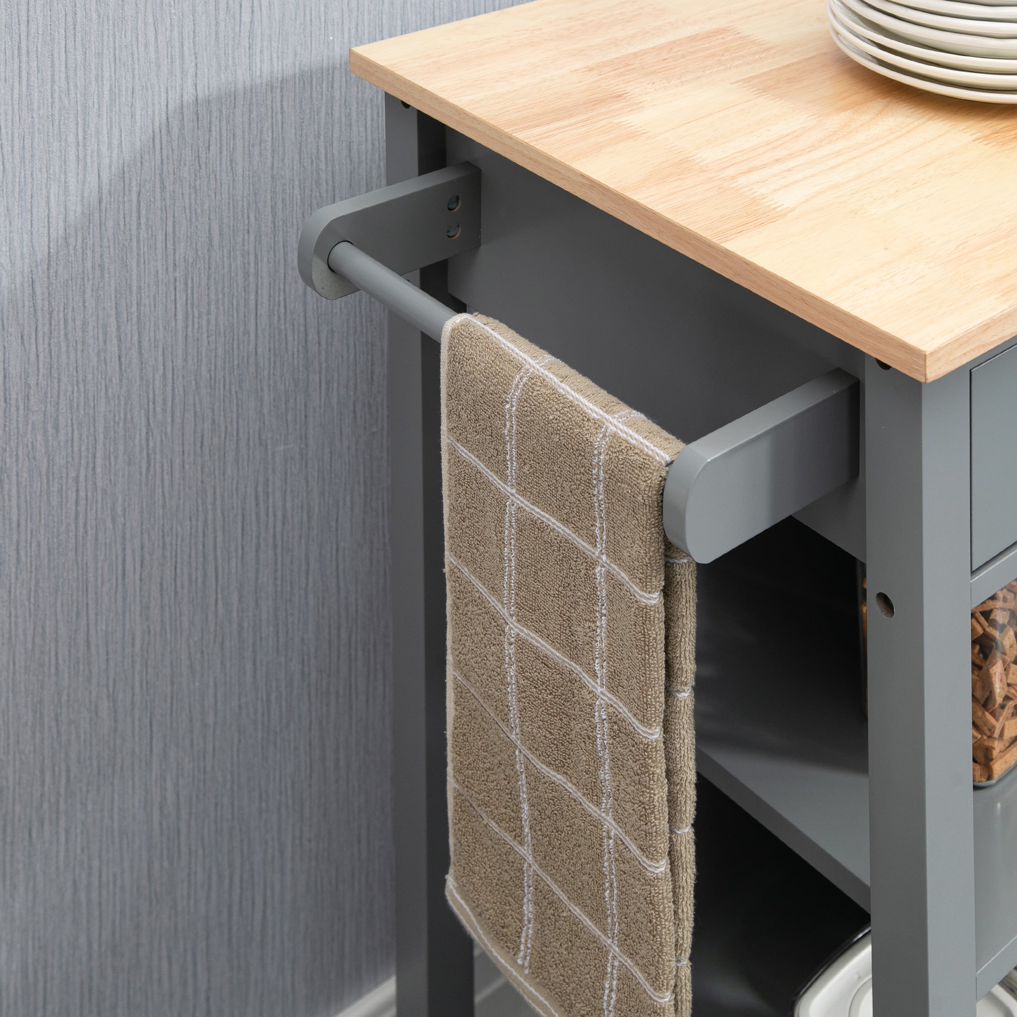 Kitchen Island Cart, Rolling Kitchen Island with Storage Shelf, Solid Wood Top, Drawer, for Dining Room, Gray