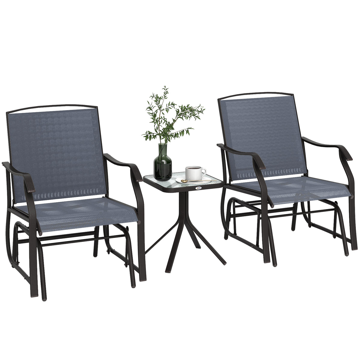 3 Piece Outdoor Glider Chair with Coffee Table Bistro Set, 2 Patio Rocking Swing Chairs with Breathable Sling Fabric, Glass Tabletop, for Backyard, Garden and Porch, Gray