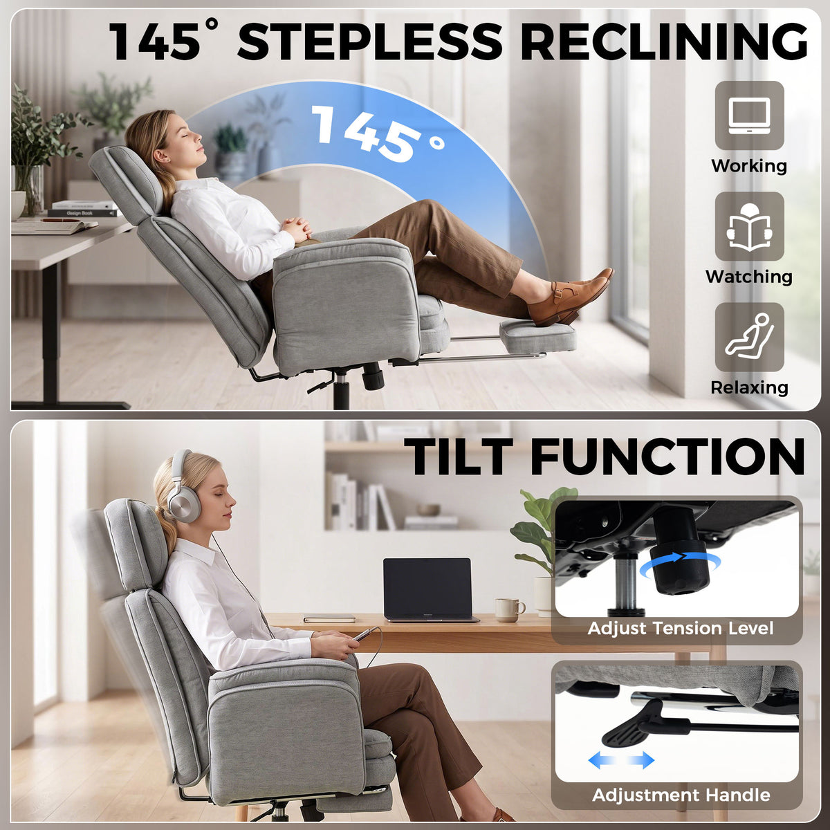 Criss Cross Office Chair with Flip Armrests, Adjustable Headrest, Swivel Tilt Reclining Desk Chair with Wheels, Gray