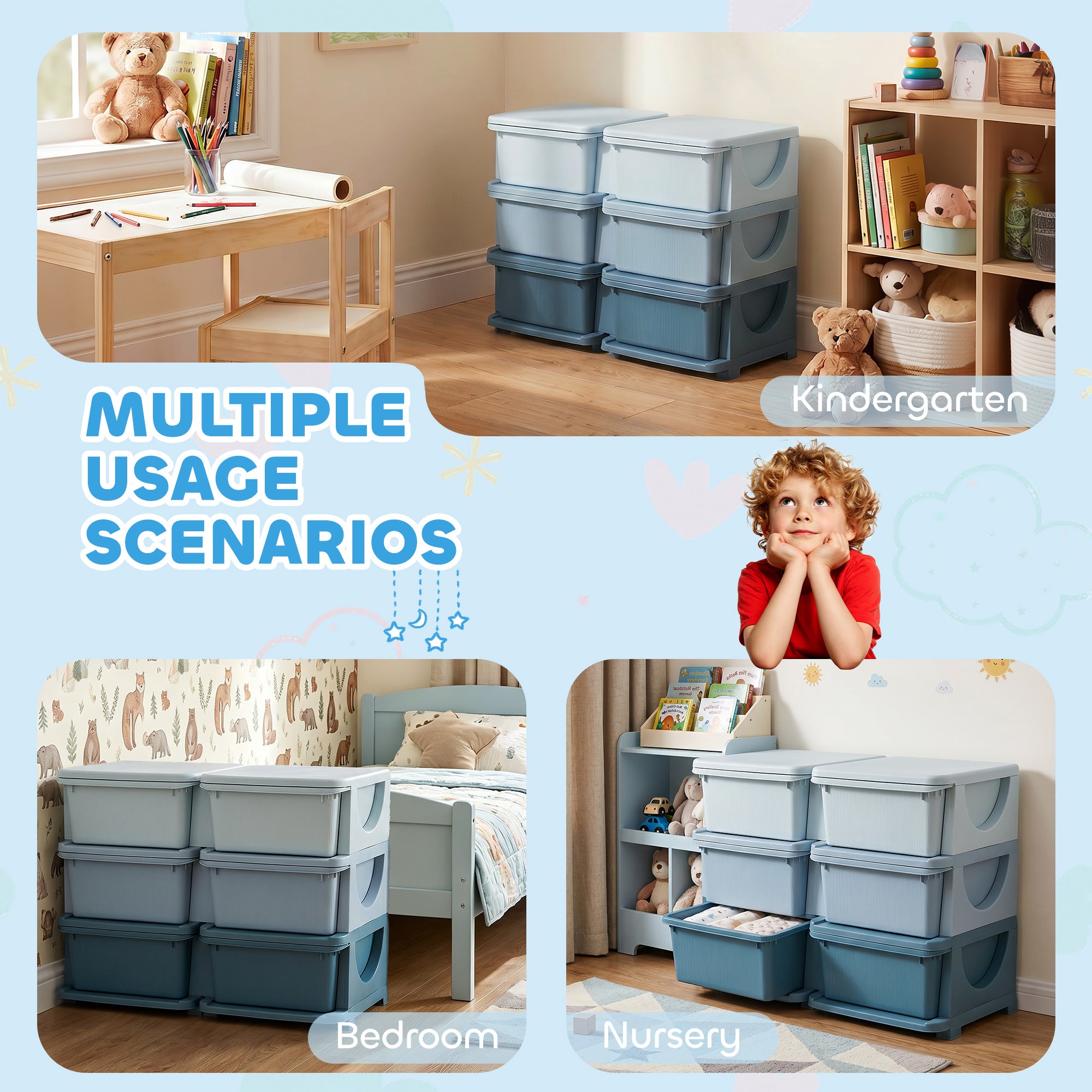 3 Tier Kids Storage Unit, Toy Organizers and Storage with 6 Drawer Chest for Kids Bedroom Nursery Kindergarten Living Room for Boys Girls Toddlers, Blue
