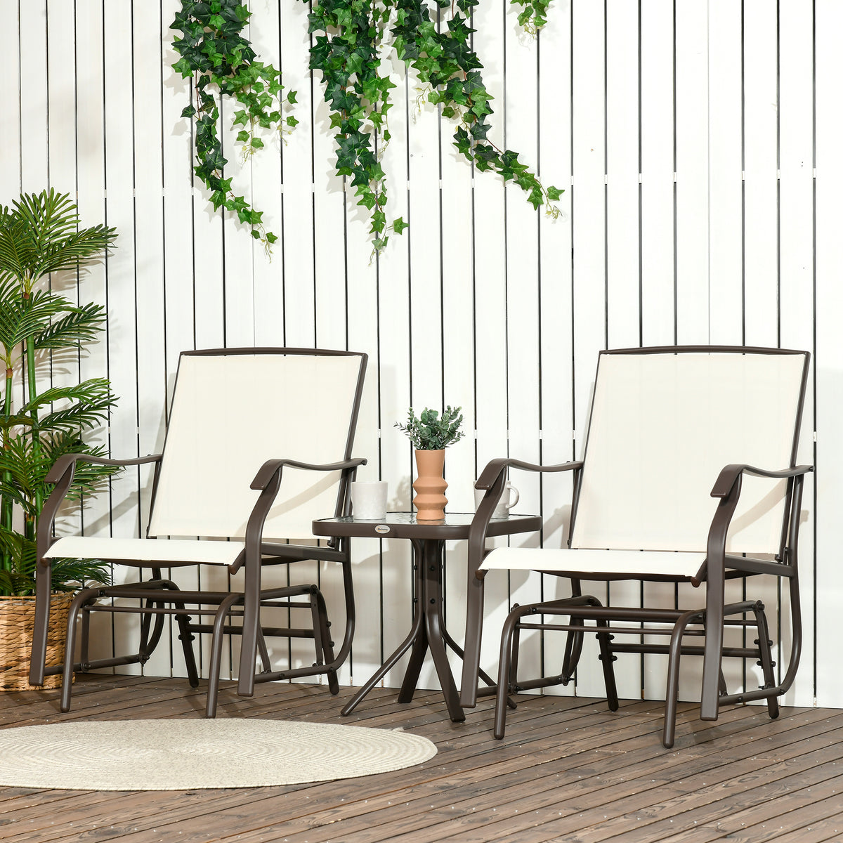 3 Piece Outdoor Glider Chair with Coffee Table Bistro Set, 2 Patio Rocking Swing Chairs with Breathable Sling Fabric, Glass Tabletop, for Backyard, Garden and Porch, Cream White