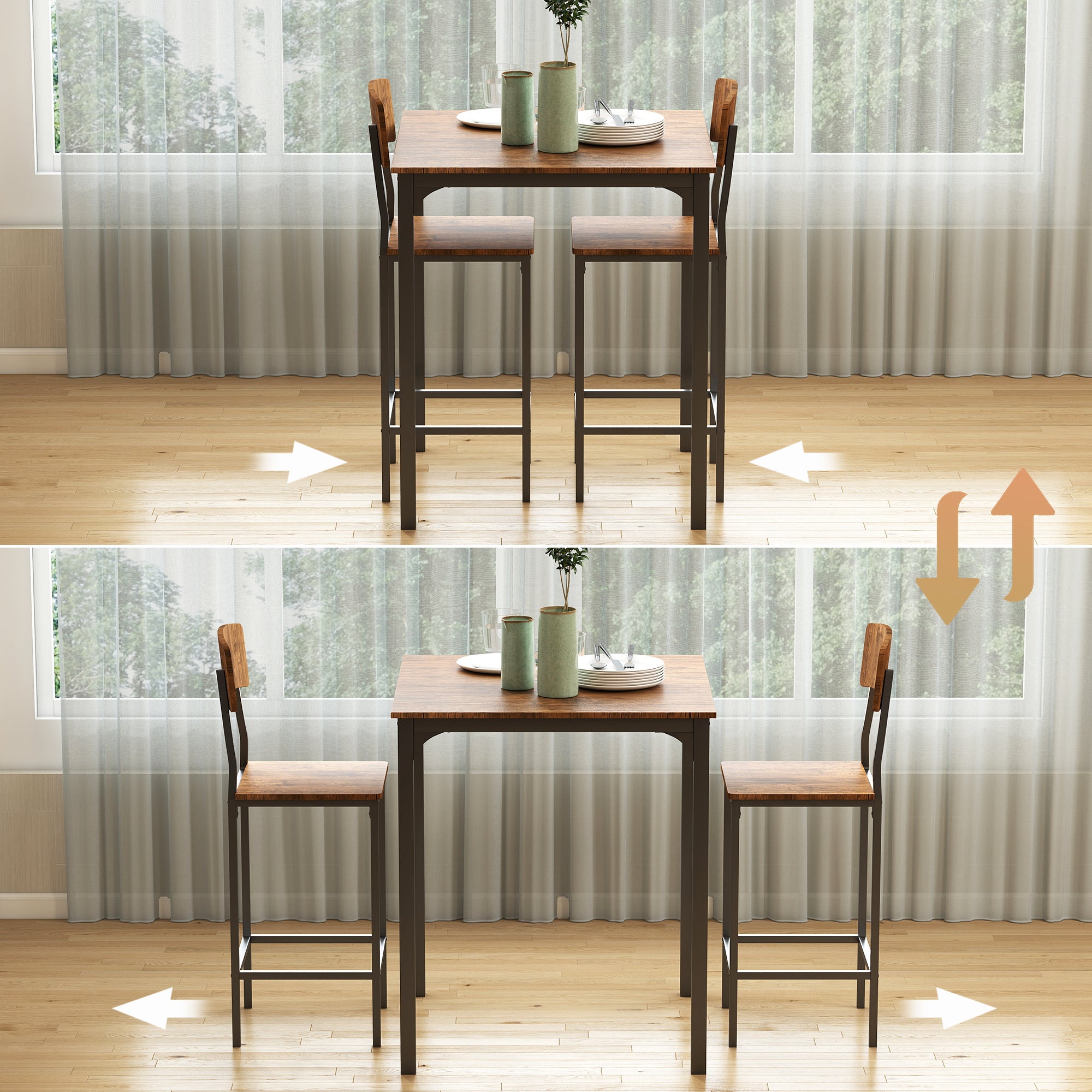 3 Piece Pub Table and Chairs, Small Kitchen Table and Chairs, Square Dining Table with 2 Stools, Walnut and Black