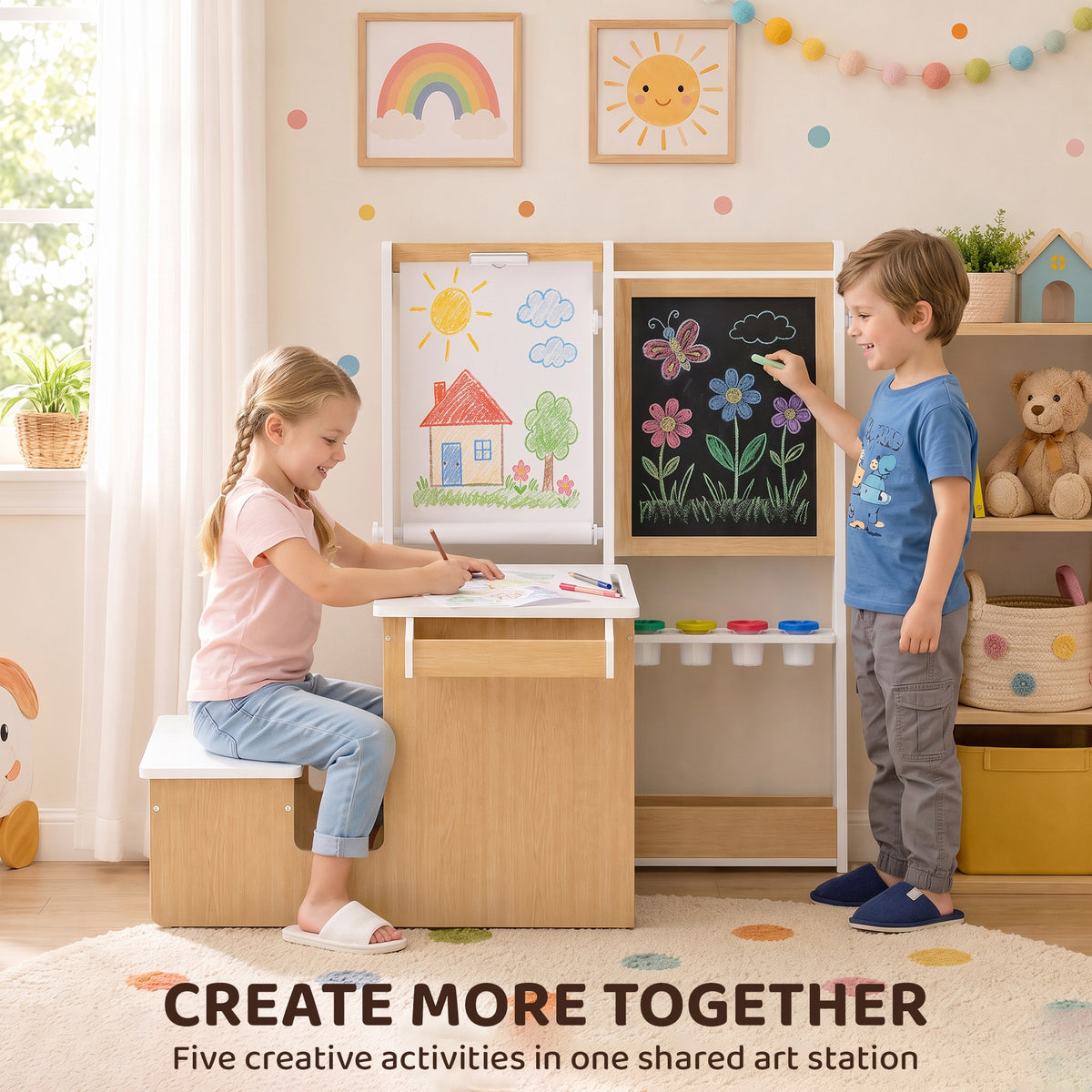 5-in-1 Kids Art Table and Chair Set with Easel, Wooden Craft and Play Activity Desk with Storage