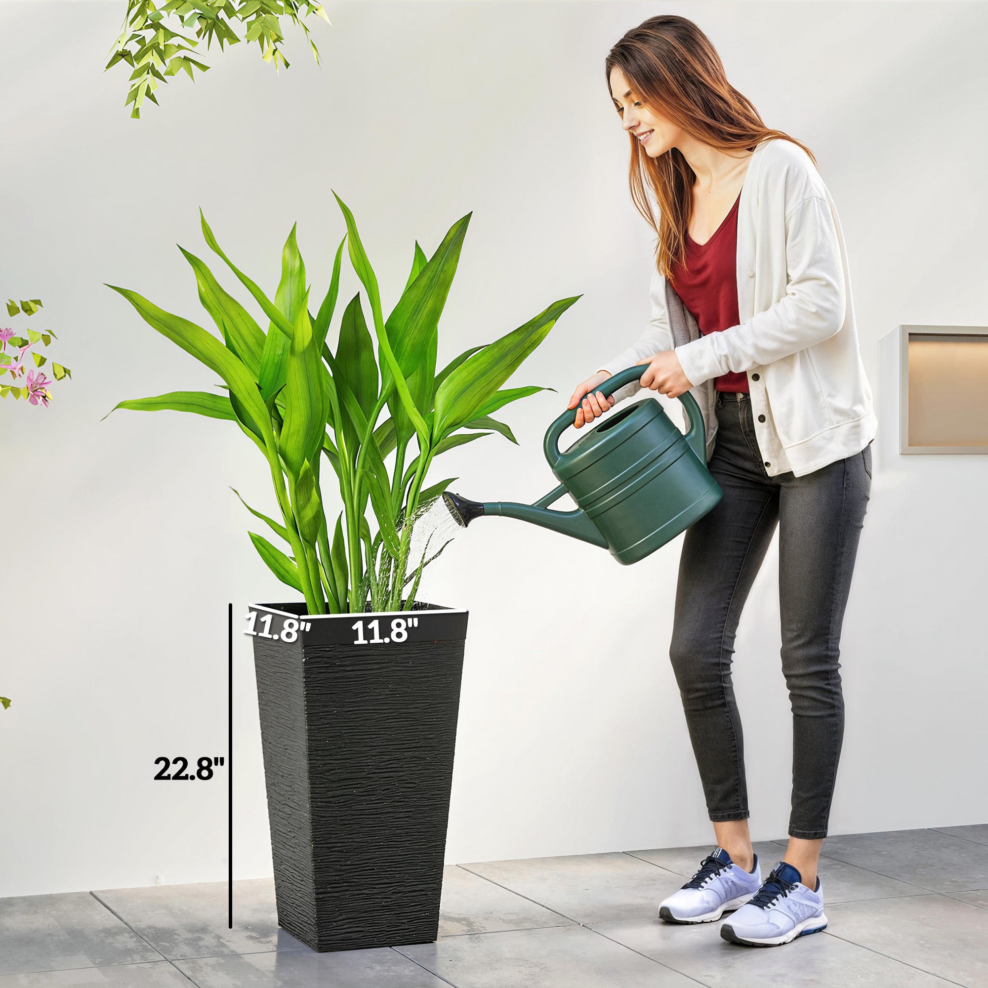 22.8 Inch Set of 3 Outdoor Planters with Stone Finish and Wheels, Stackable Tapered Planters with Drainage Hole, Black - Black - Image 3