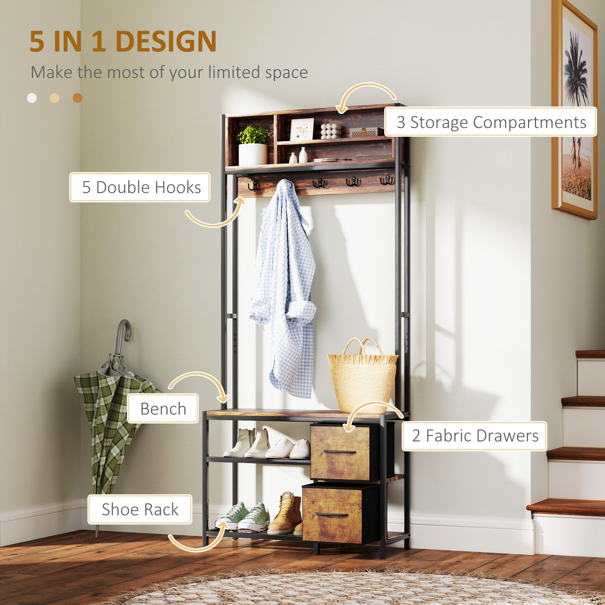 Hall Tree with Bench and Shoe Storage, 5-in-1 Entryway Bench with Coat Rack, 3 Storage Shelves, 2 Fabric Drawers, Brown