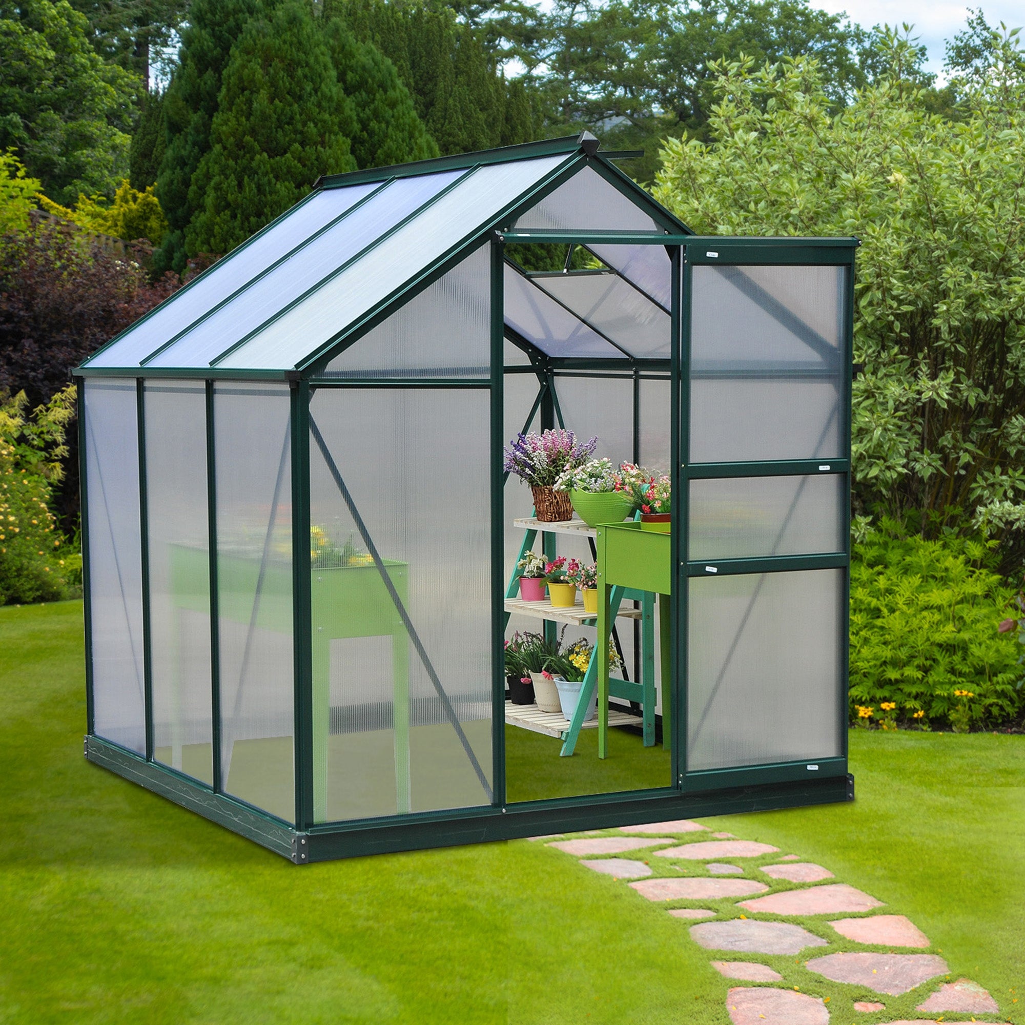 6' x 6' Greenhouse for Outdoors, Polycarbonate Greenhouse with Rain Gutter and Roof Vent, Aluminum Walk-in Green Houses for Outside for Patio Backyard Garden, Dark Green - Dark Green - Image 2