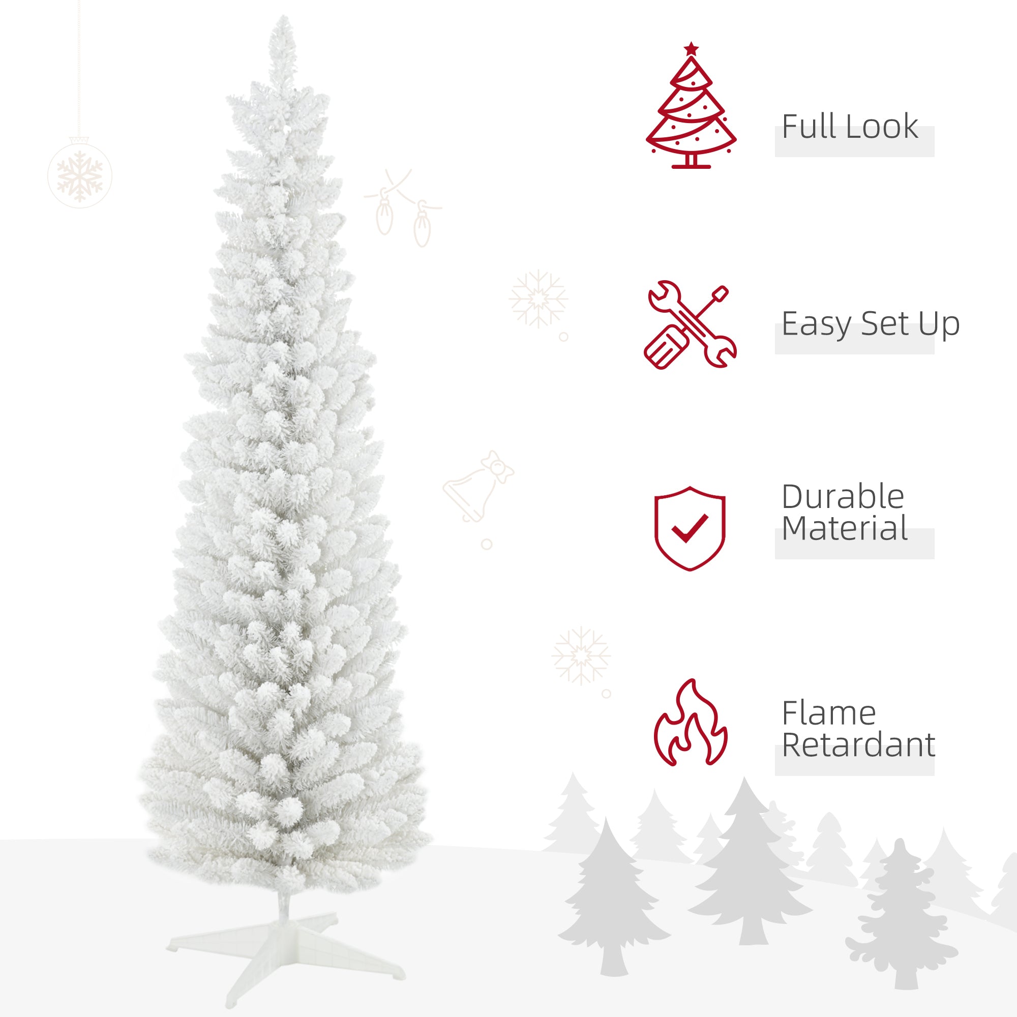 6' Decorated Christmas Tree Snow Flocked Artificial Christmas Tree with Pencil Shape, Realistic Branches, White